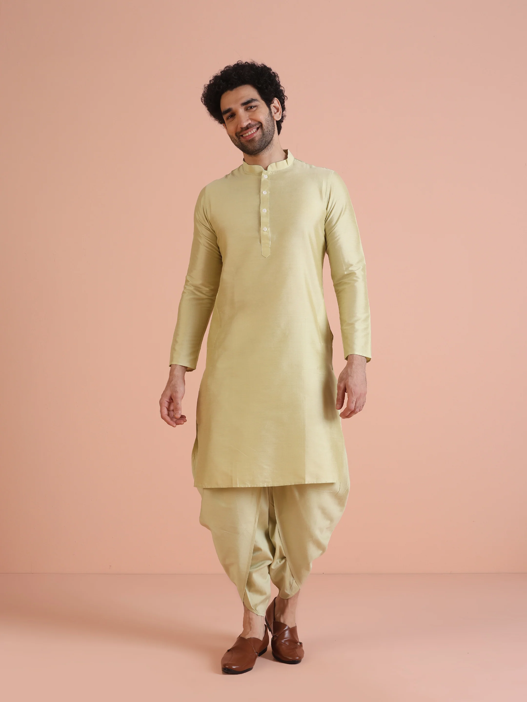 Beige Cotton Silk Textured Nehru Jacket Kurta Dhoti - Image 5