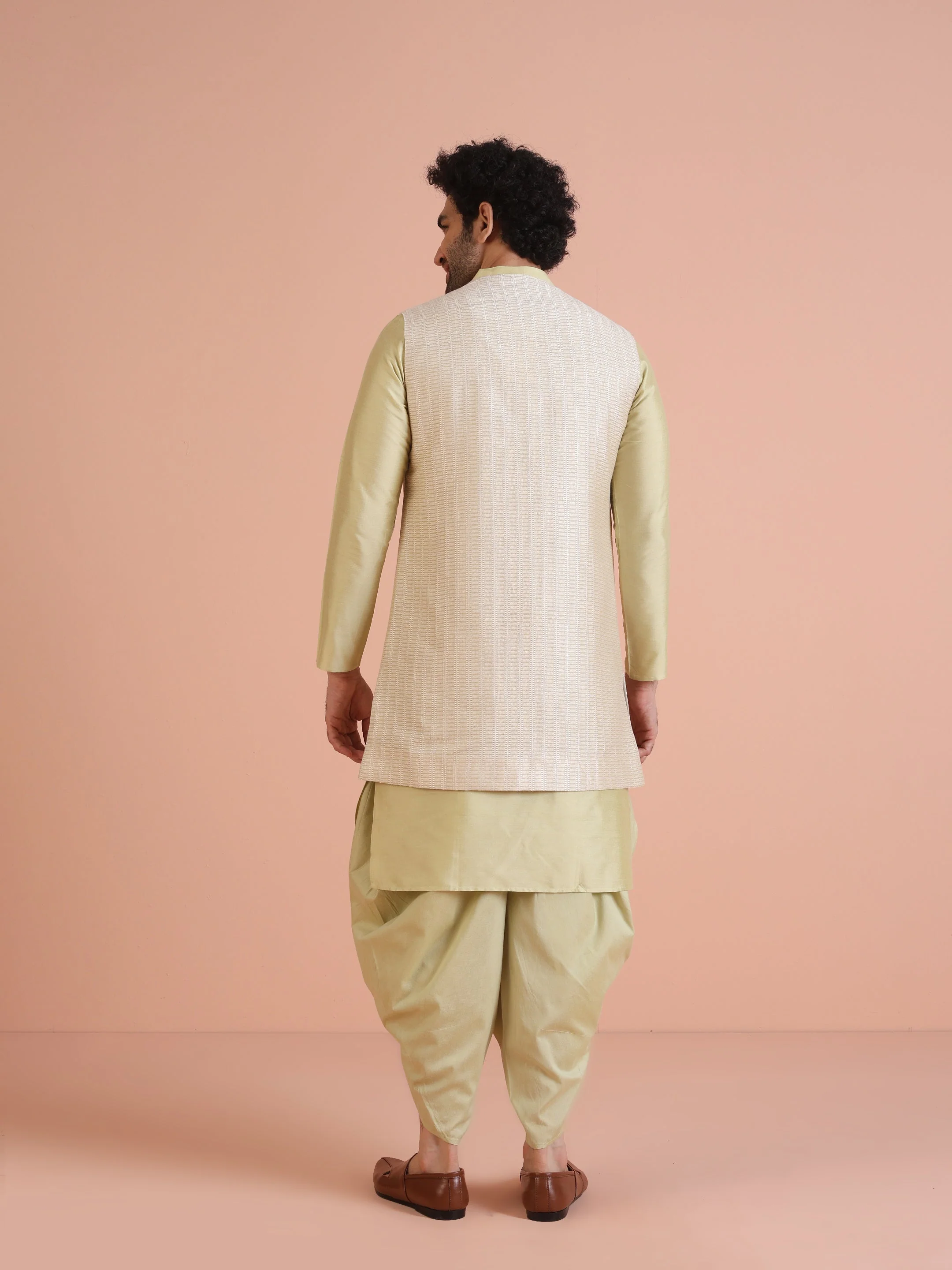 Beige Cotton Silk Textured Nehru Jacket Kurta Dhoti - Image 8
