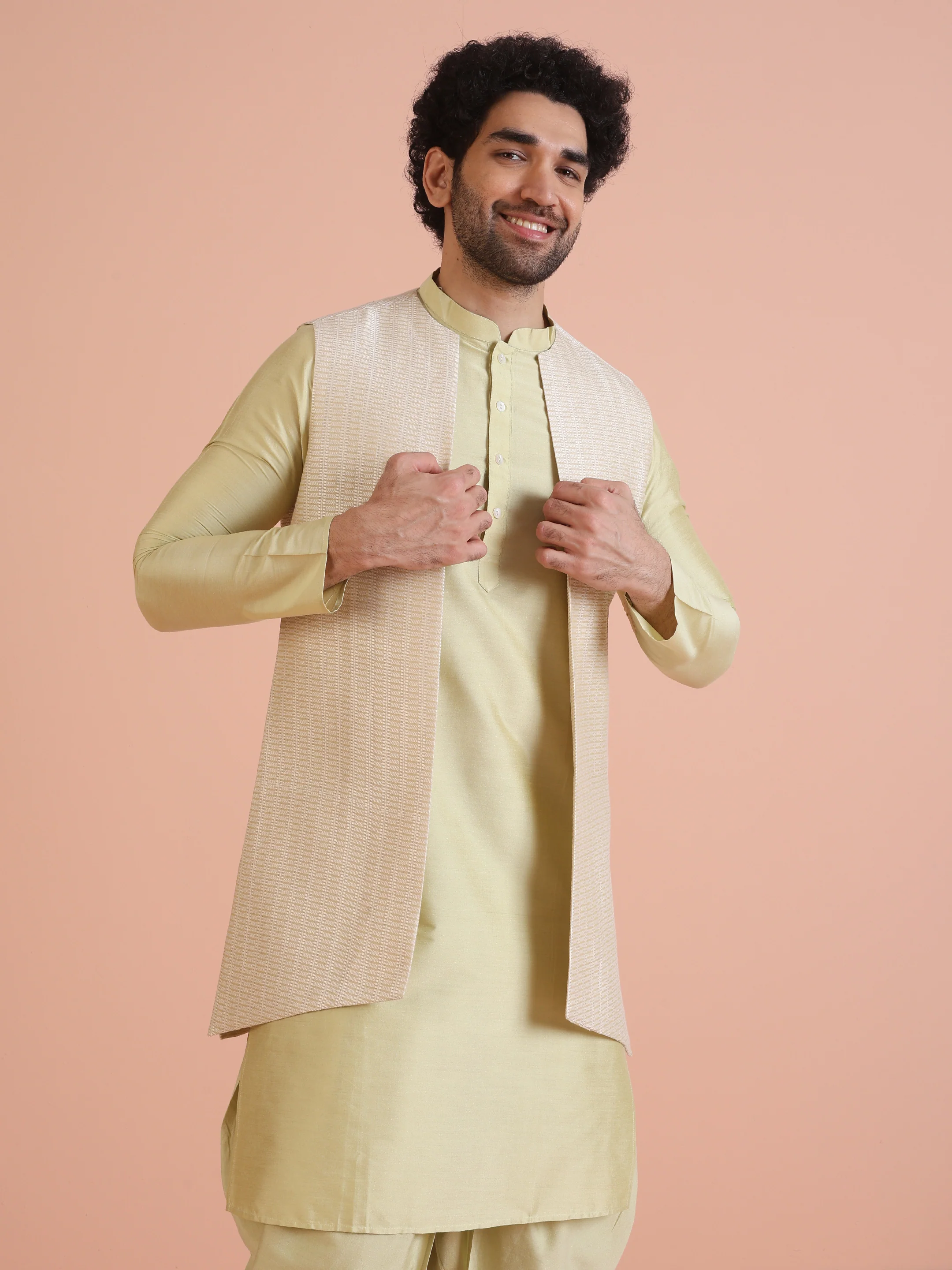 Beige Cotton Silk Textured Nehru Jacket Kurta Dhoti - Image 9