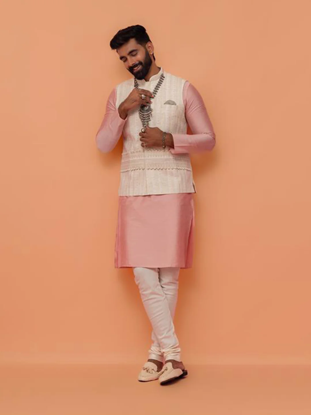 Pink Silk Blend Kurta Churidar with Textured Jacket