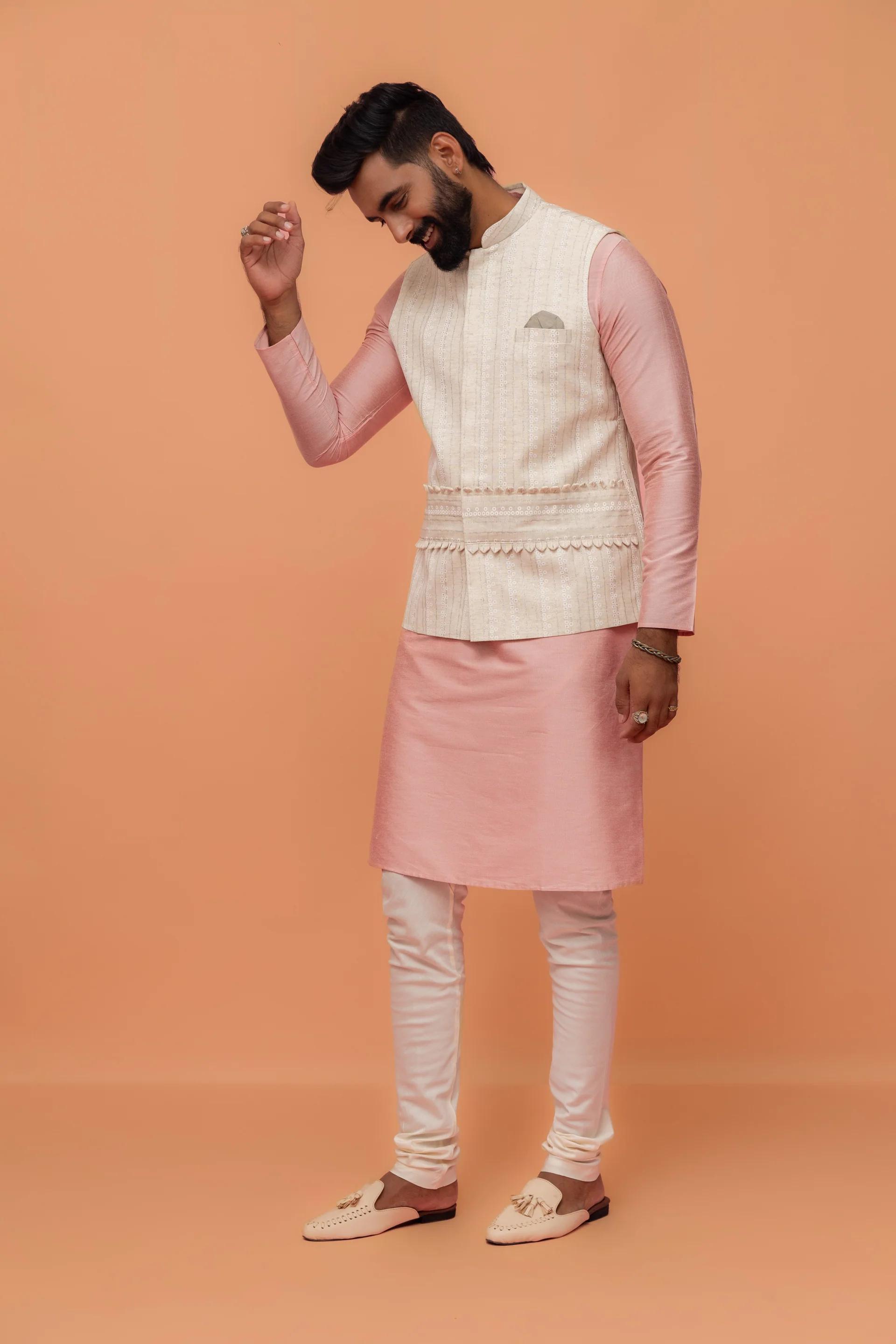 Pink Silk Blend Kurta Churidar with Textured Jacket - Image 2