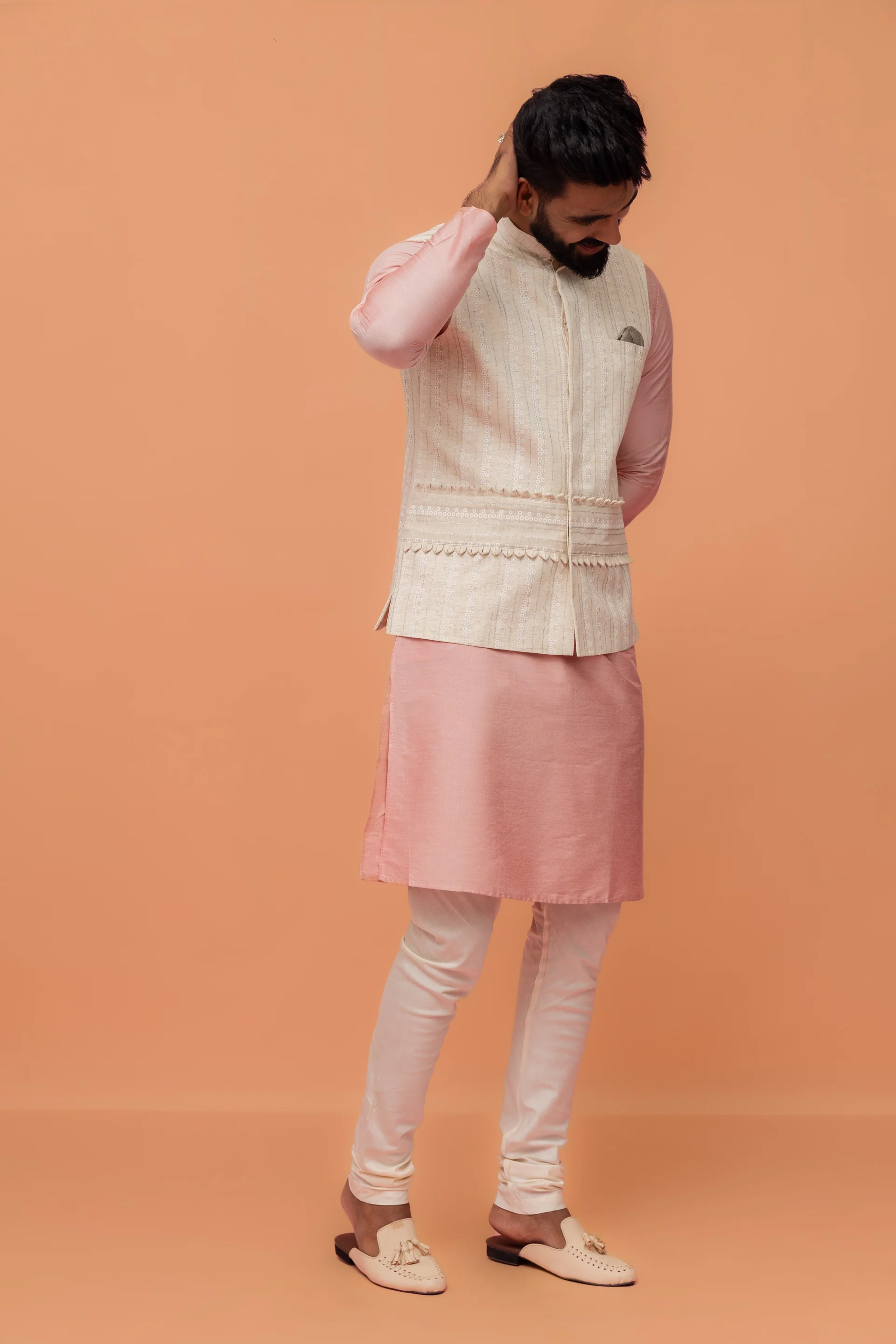Pink Silk Blend Kurta Churidar with Textured Jacket - Image 3