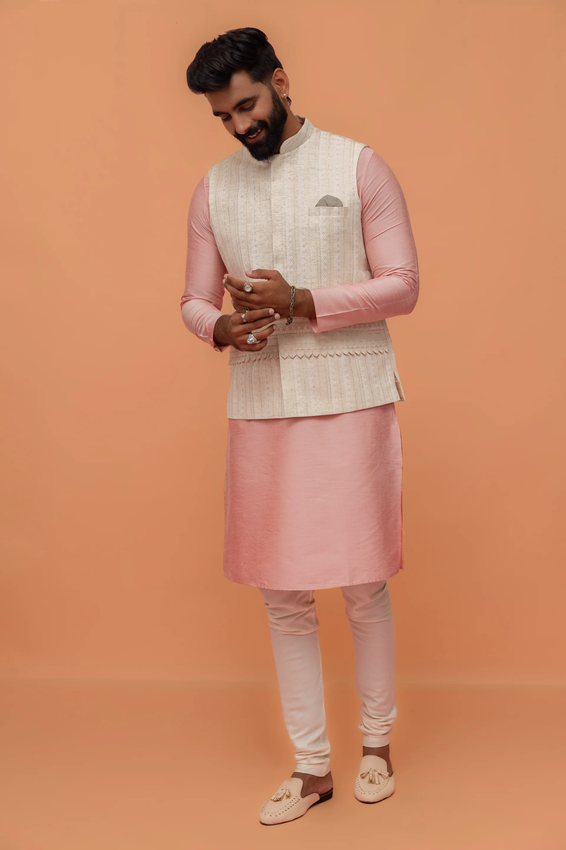 Pink Silk Blend Kurta Churidar with Textured Jacket - Image 8