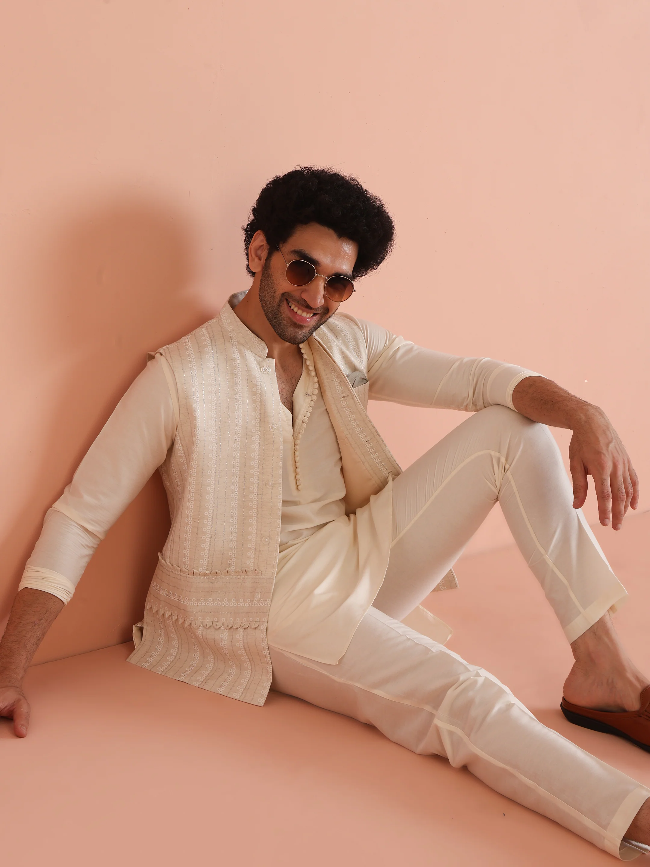 Beige Silk Blend Textured Embroidered Jacket Set with Kurta & Churidar