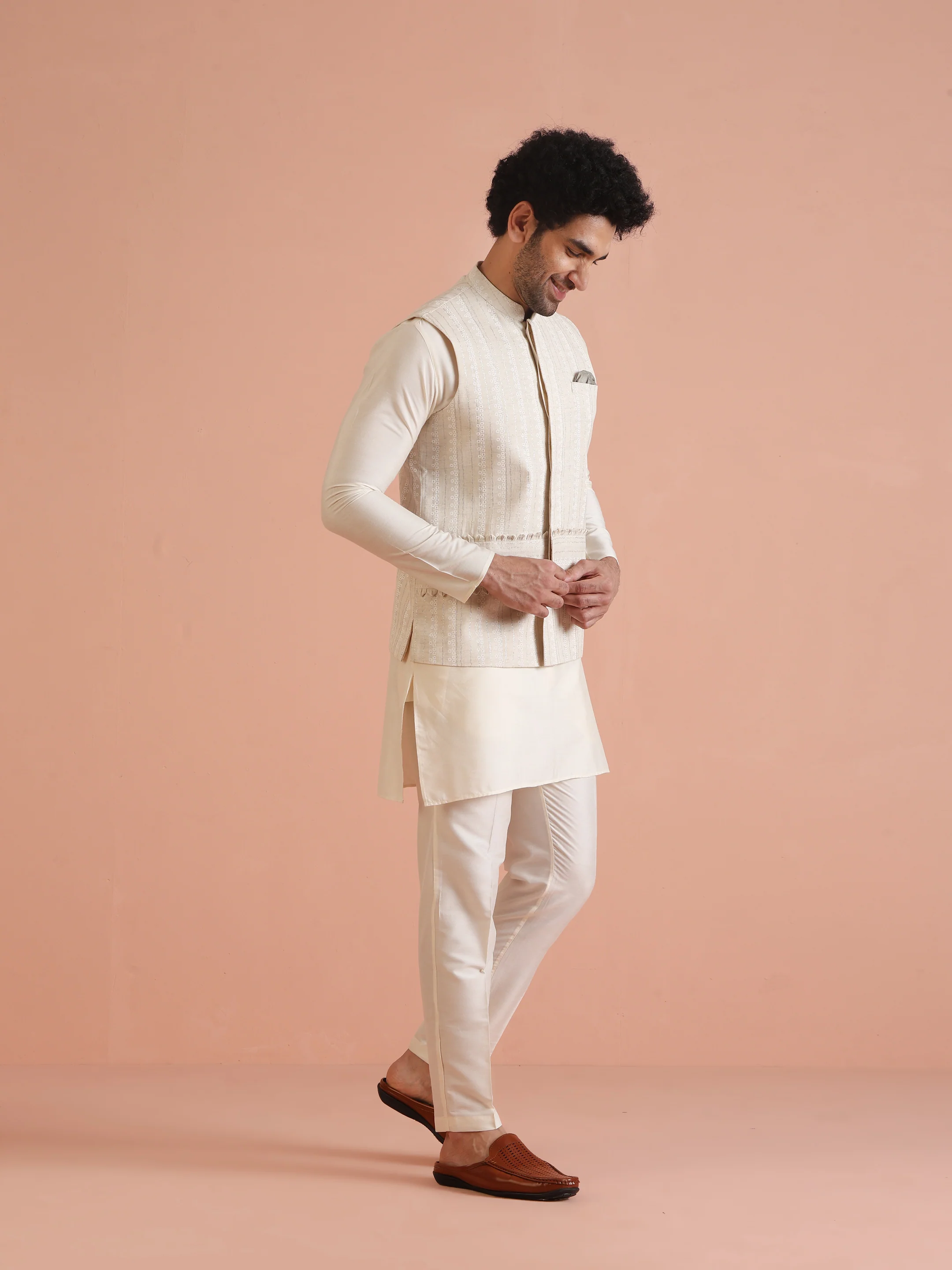 Beige Silk Blend Textured Embroidered Jacket Set with Kurta & Churidar - Image 2