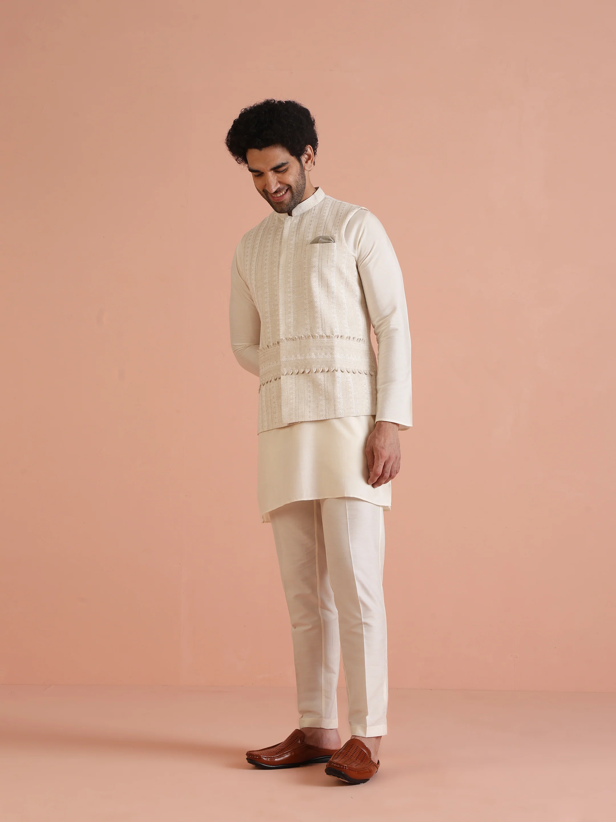 Beige Silk Blend Textured Embroidered Jacket Set with Kurta & Churidar - Image 3