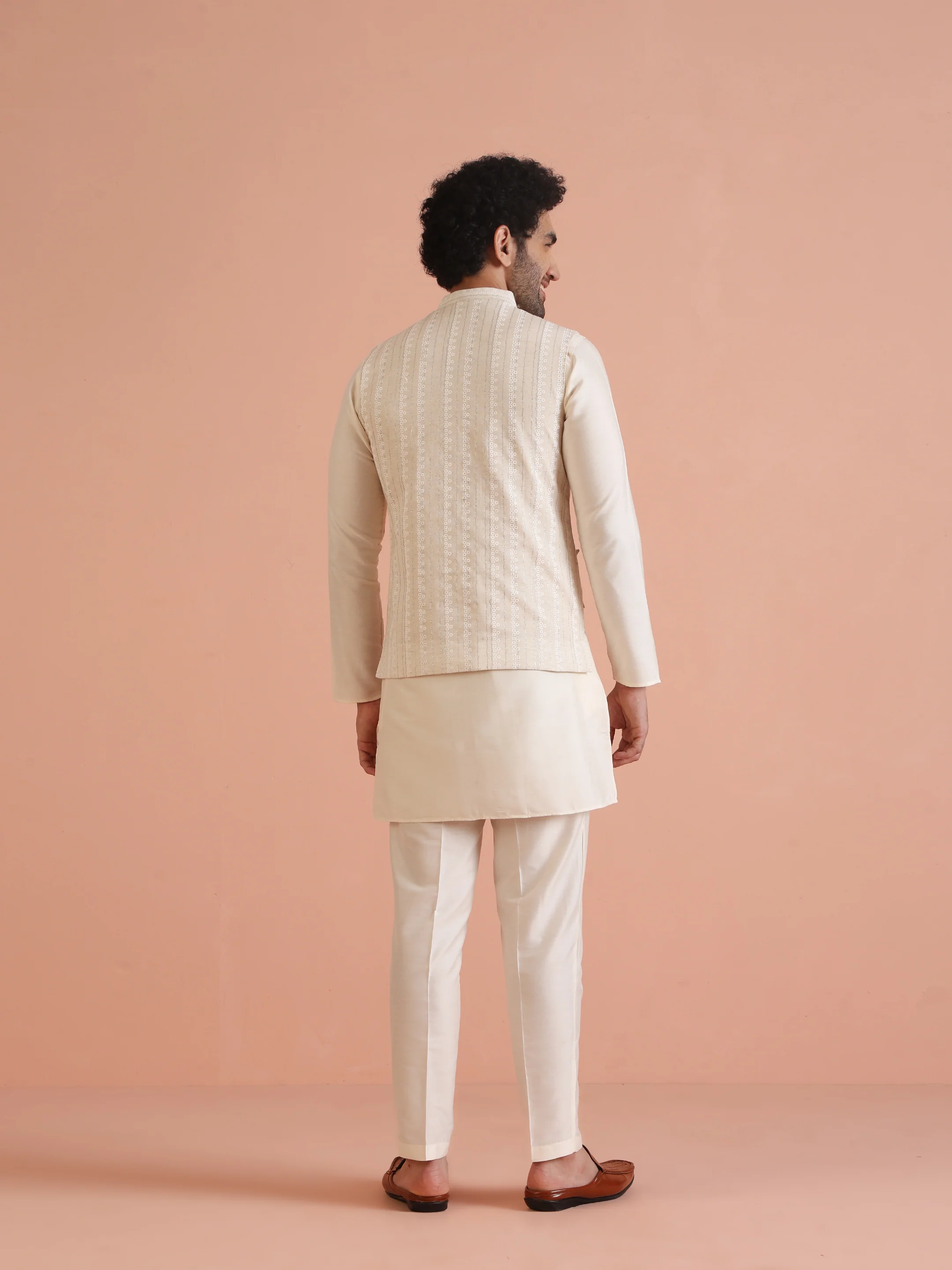 Beige Silk Blend Textured Embroidered Jacket Set with Kurta & Churidar - Image 4