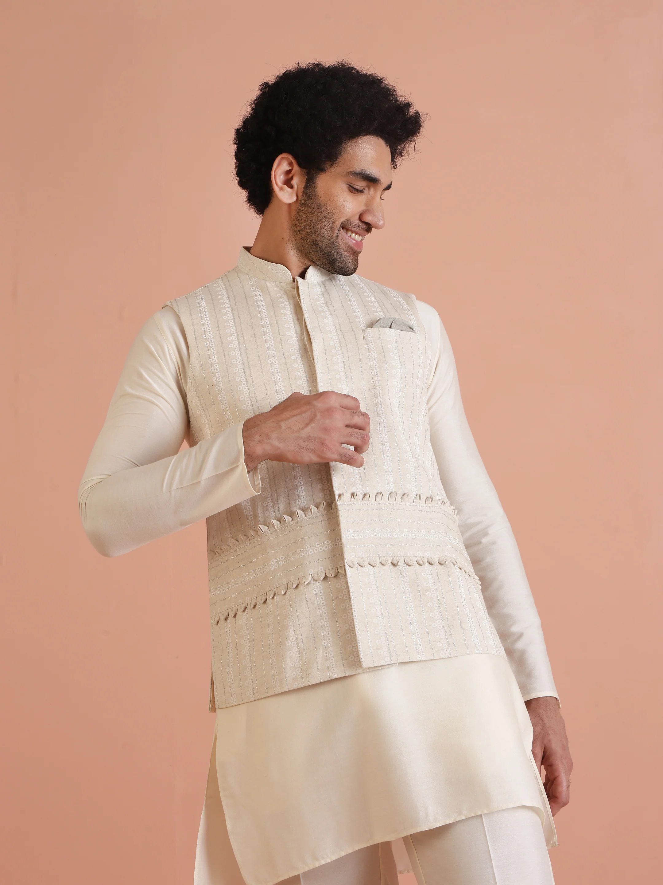 Beige Silk Blend Textured Embroidered Jacket Set with Kurta & Churidar - Image 7