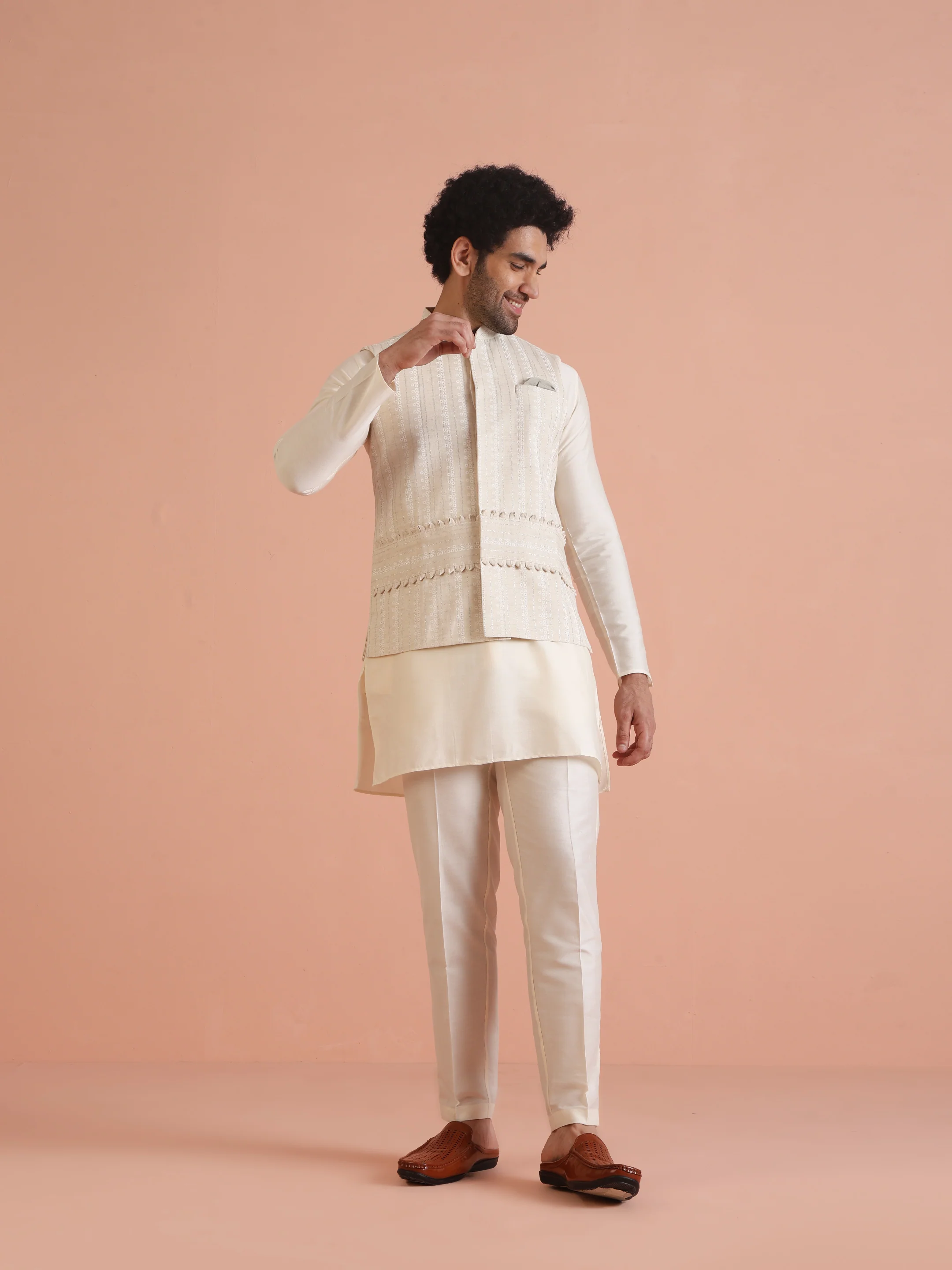 Beige Silk Blend Textured Embroidered Jacket Set with Kurta & Churidar - Image 9