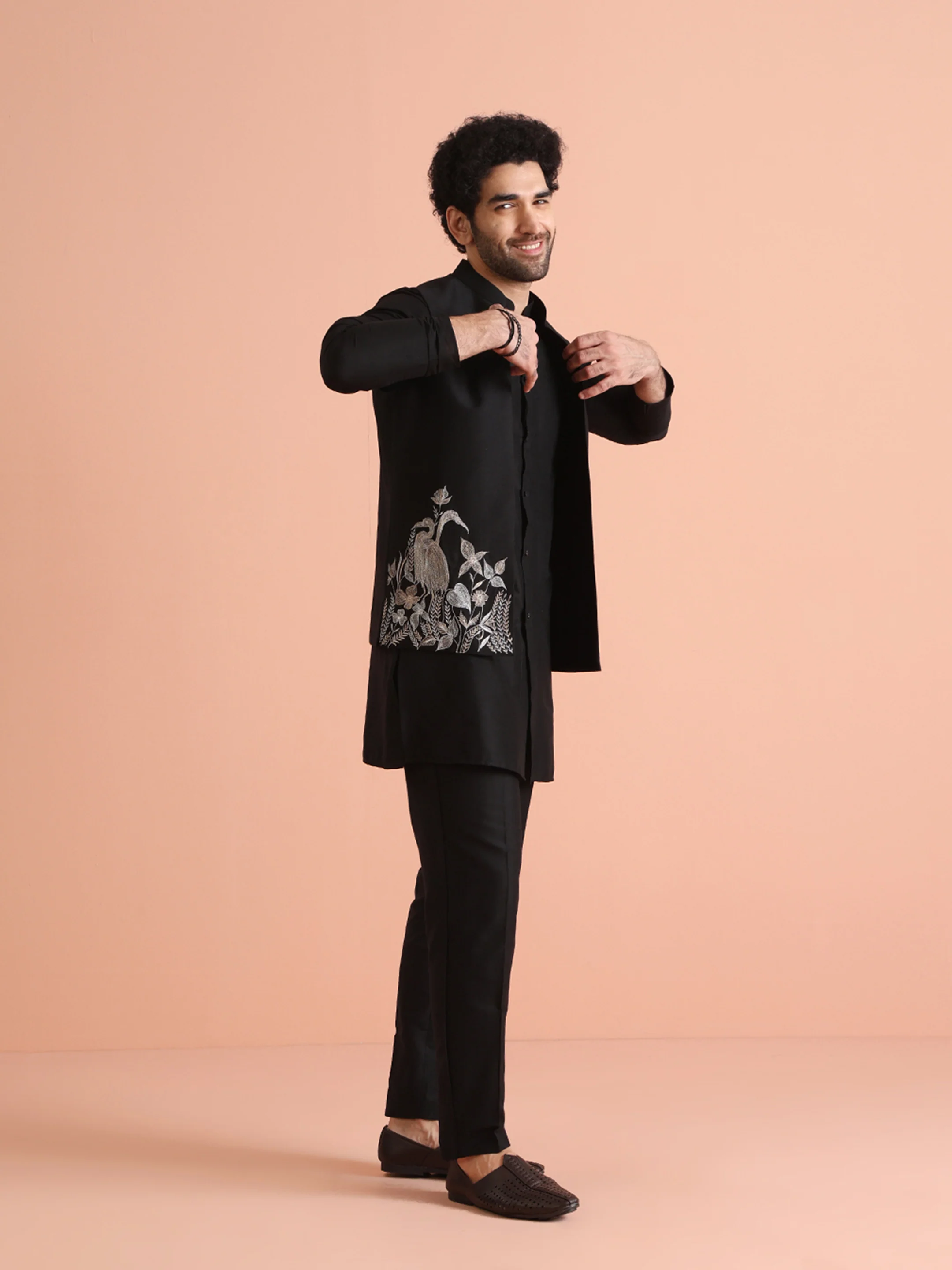 Black Silk Animal Embroidered Jacket Set - Image 2