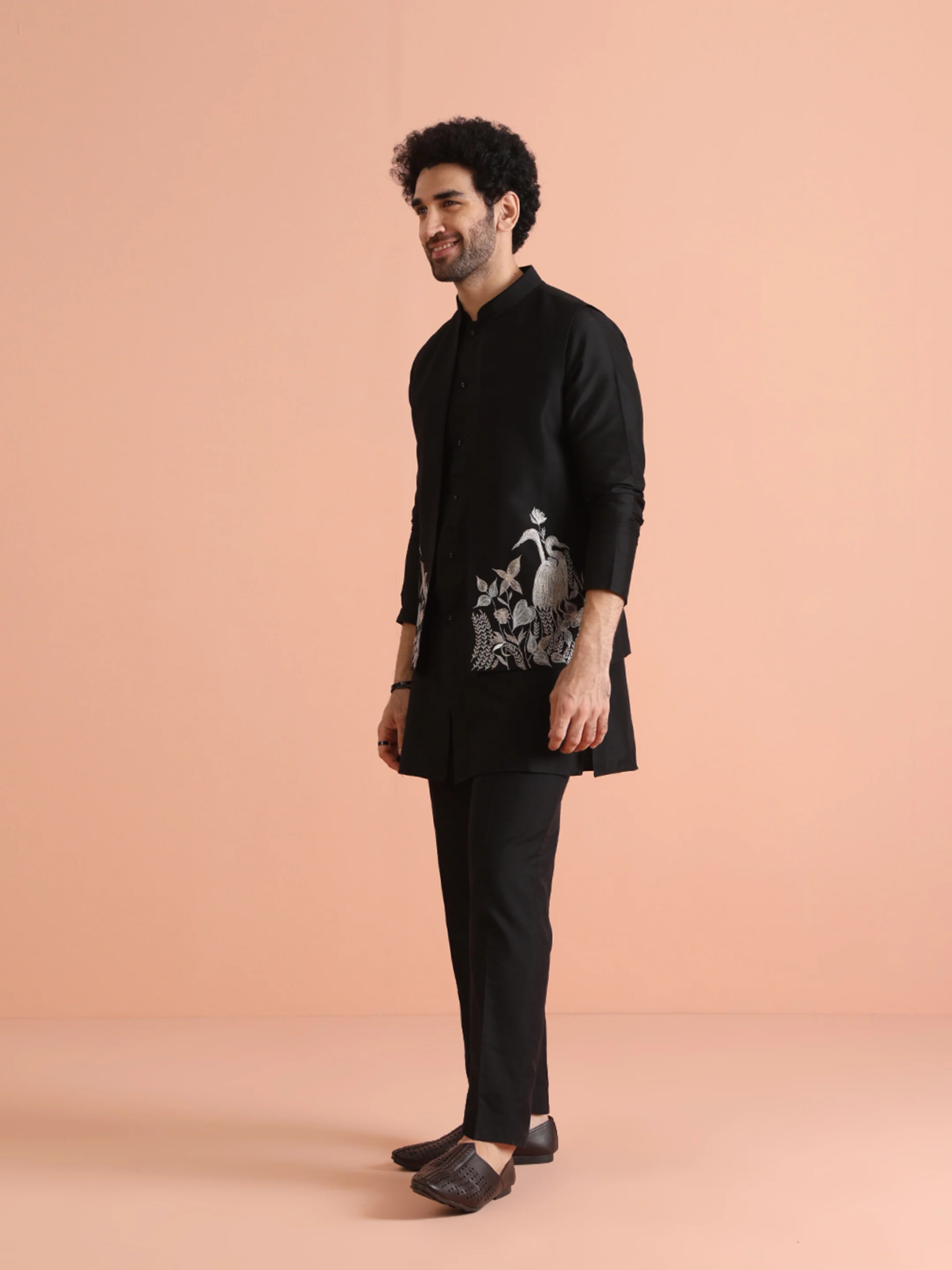Black Silk Animal Embroidered Jacket Set - Image 3