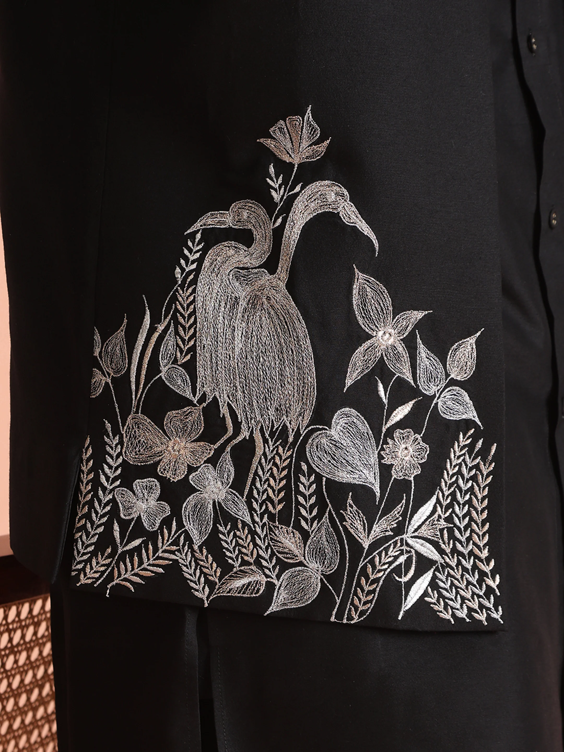 Black Silk Animal Embroidered Jacket Set - Image 5