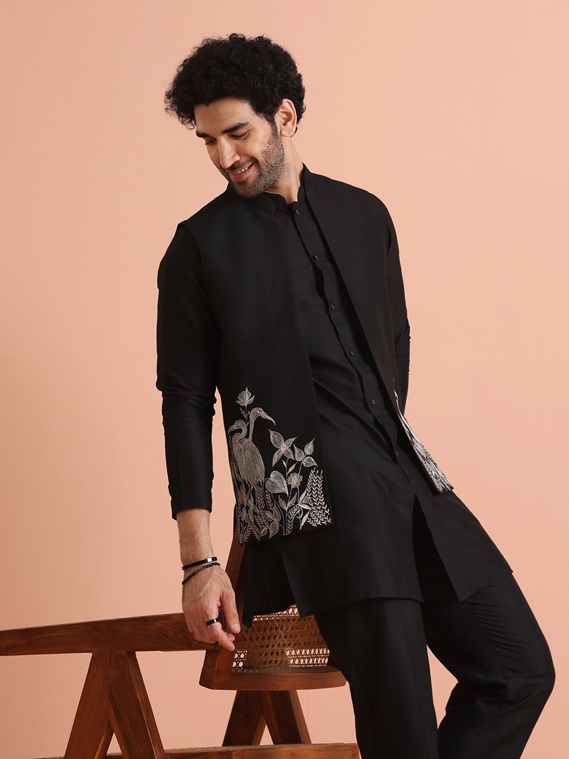Black Silk Animal Embroidered Jacket Set - Image 6