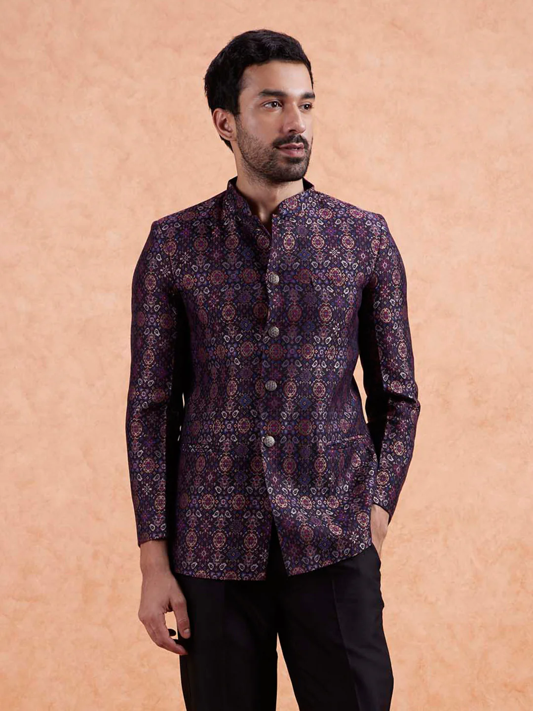 Multi Color Silk Blend Geometric Jodhpuri Bandhgala