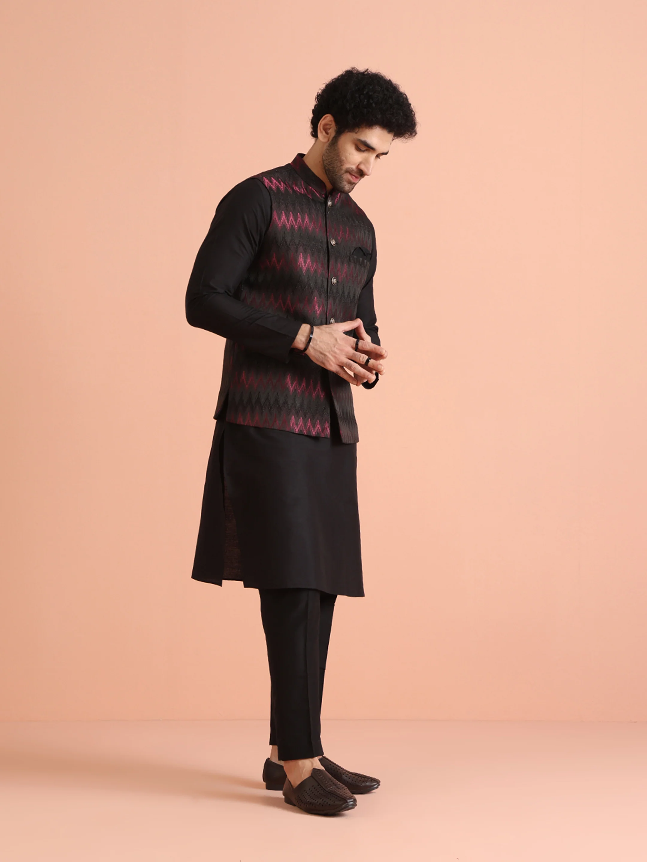 Black Wine Cotton Silk Zigzag Textured Jacket - Image 2