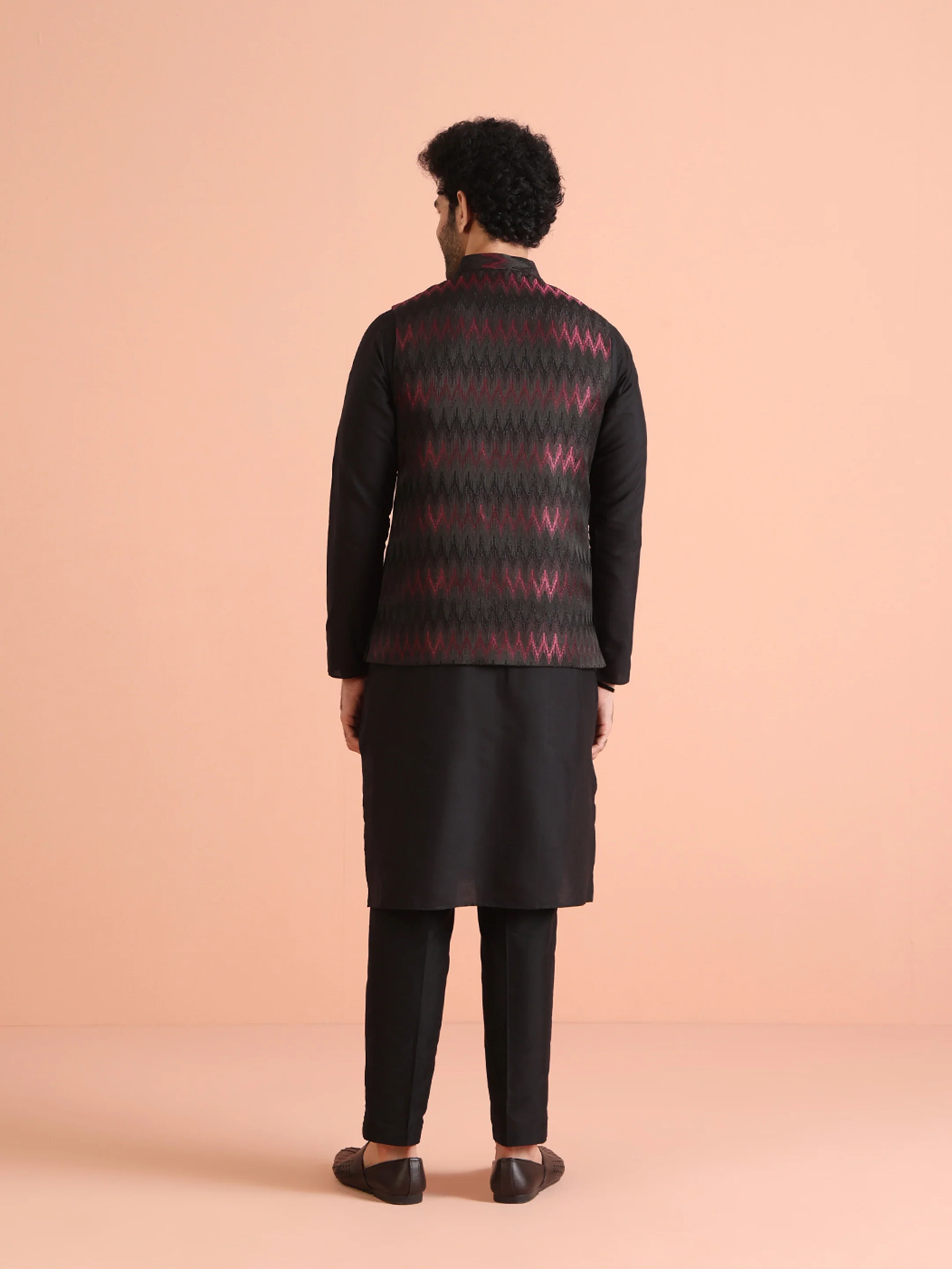 Black Wine Cotton Silk Zigzag Textured Jacket - Image 4
