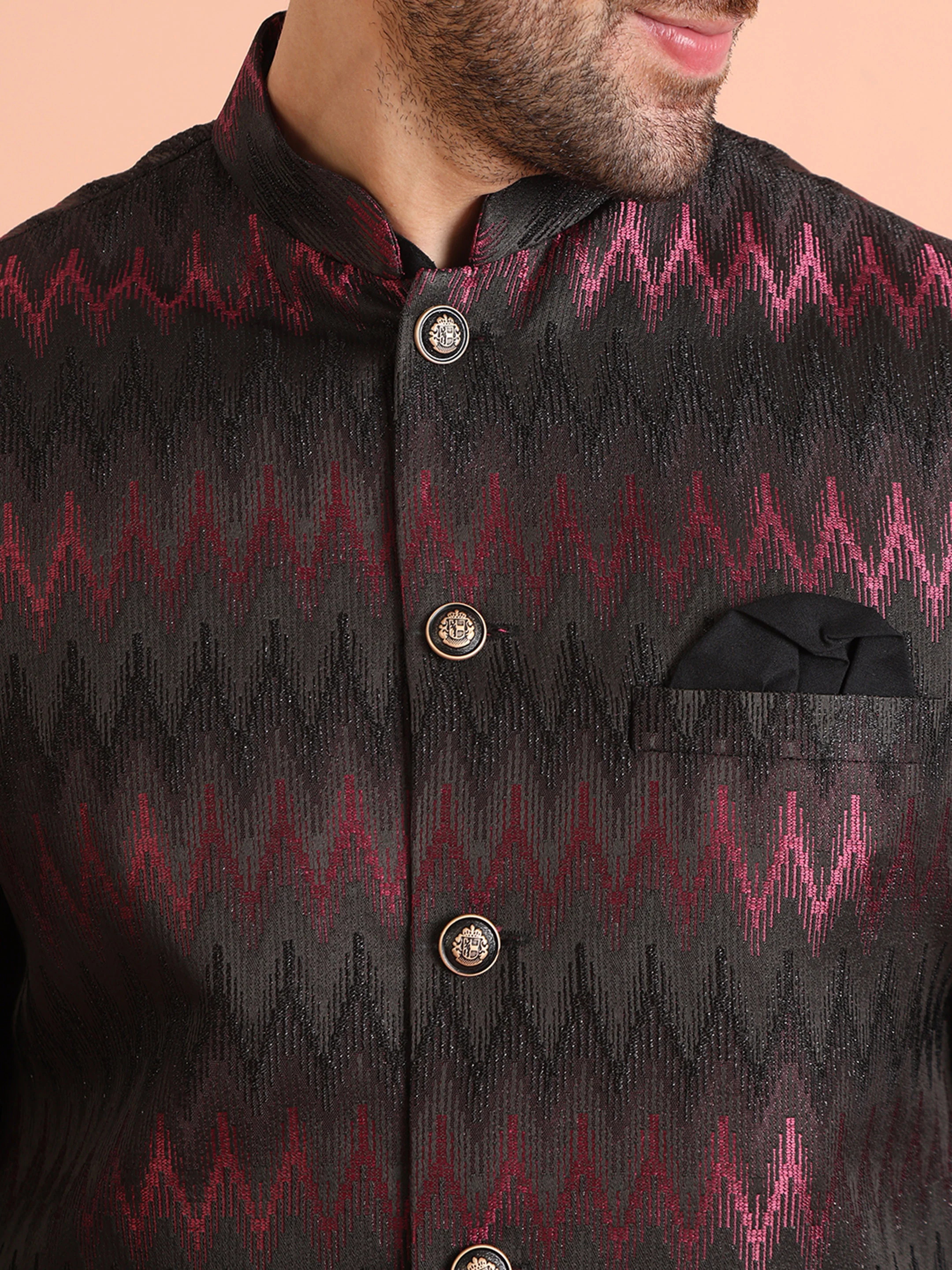 Black Wine Cotton Silk Zigzag Textured Jacket - Image 5