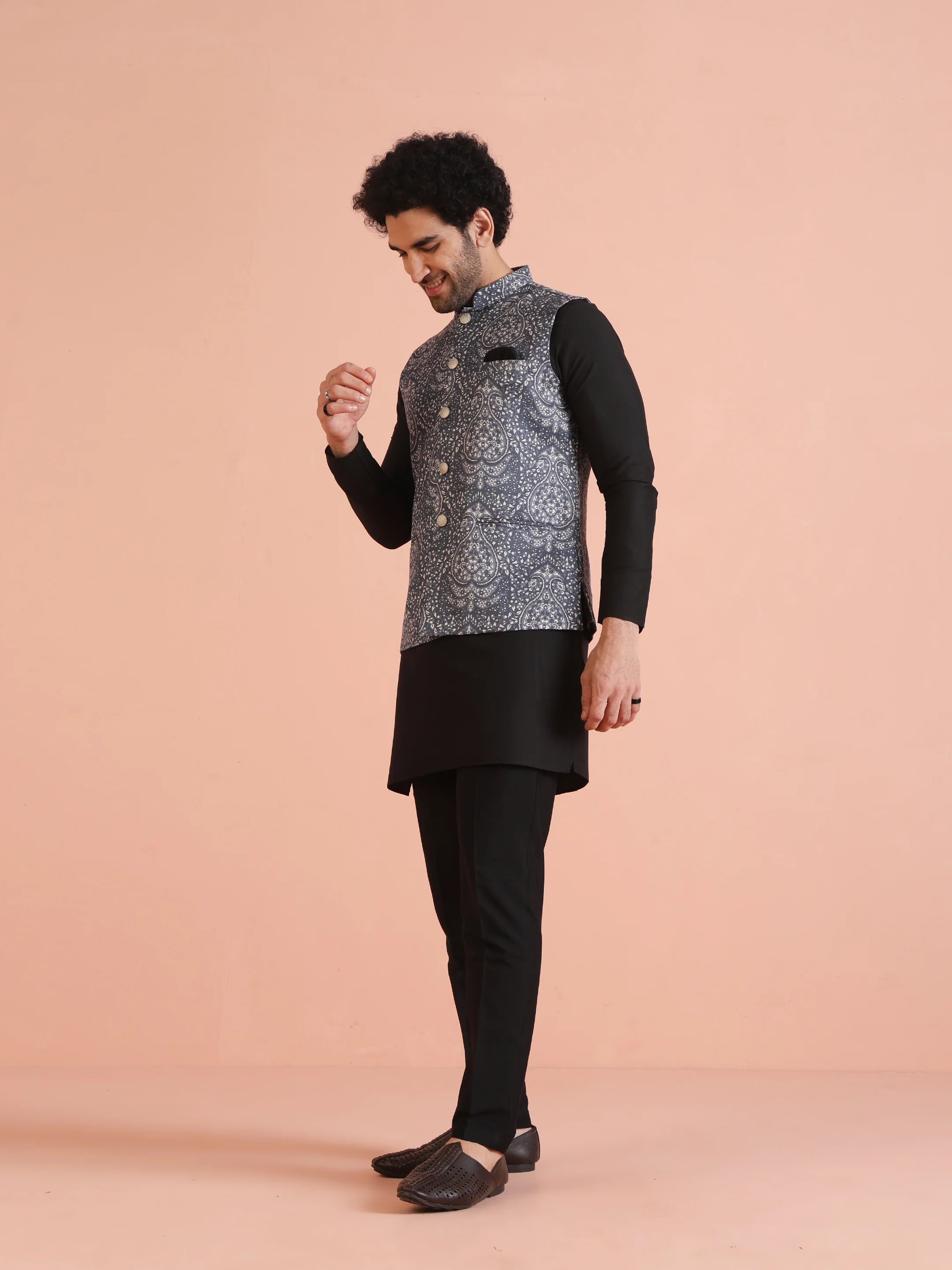 Slate Blue Printed Jacket Black Kurta Set - Image 3