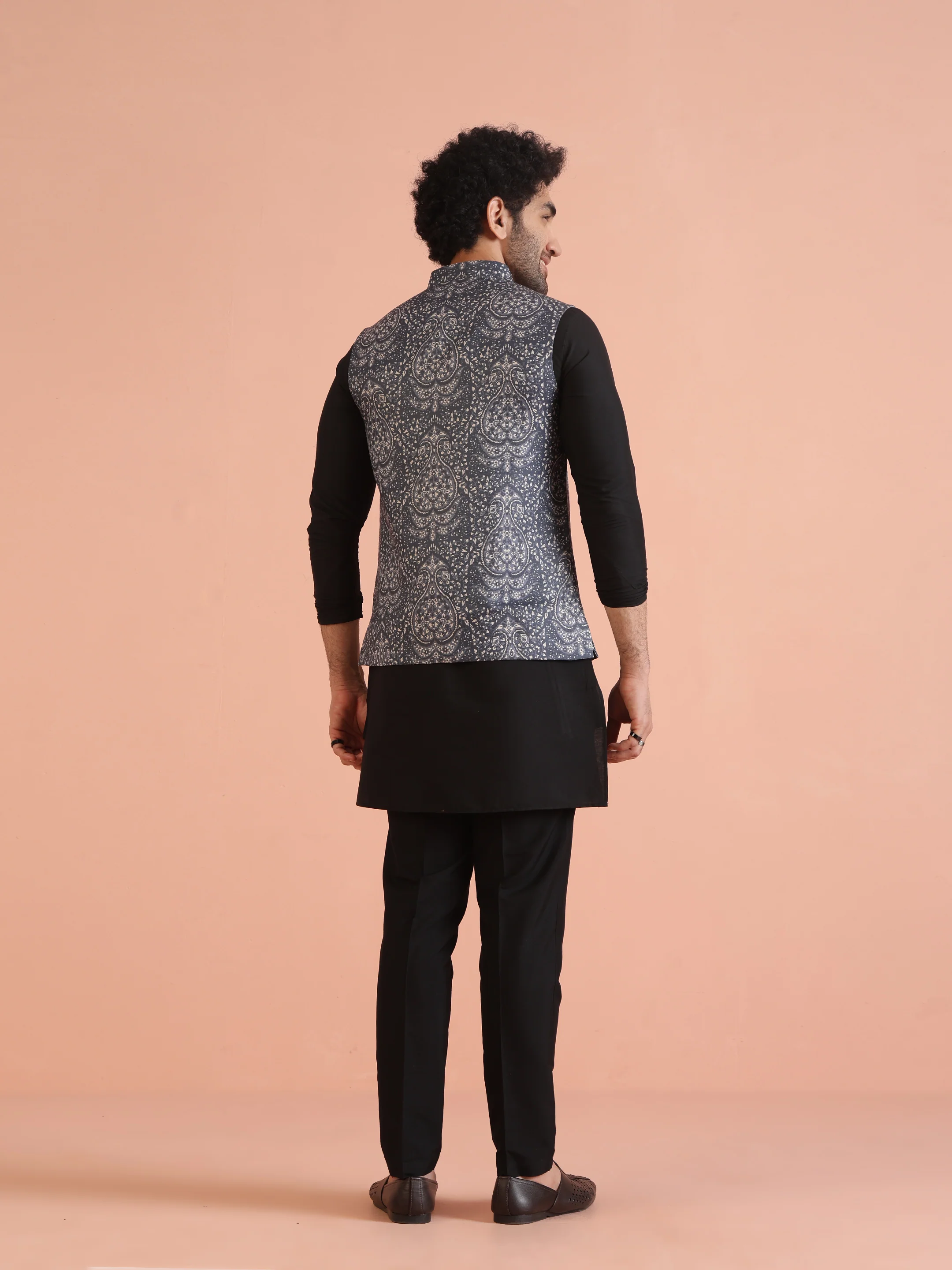 Slate Blue Printed Jacket Black Kurta Set - Image 5