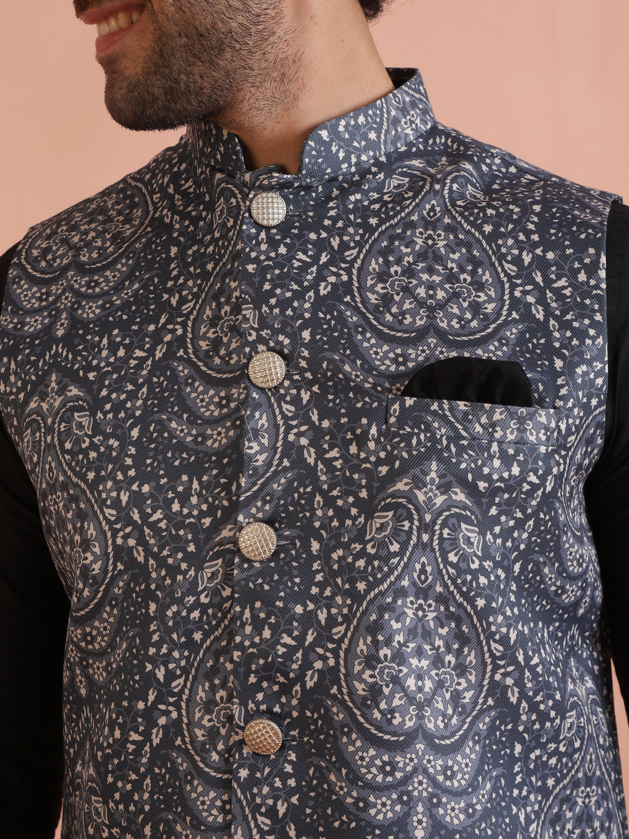 Slate Blue Printed Jacket Black Kurta Set - Image 6