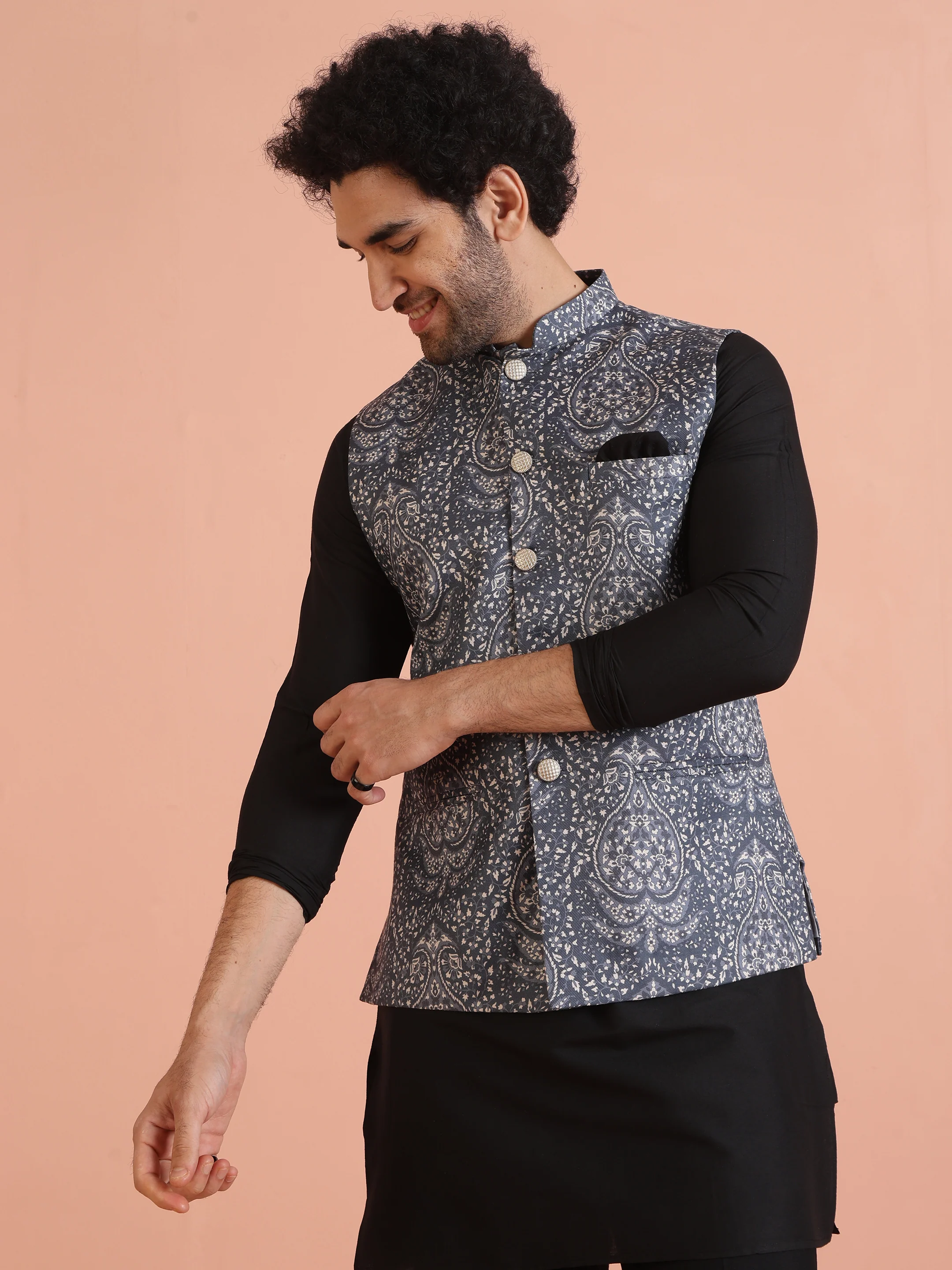 Slate Blue Printed Jacket Black Kurta Set - Image 8