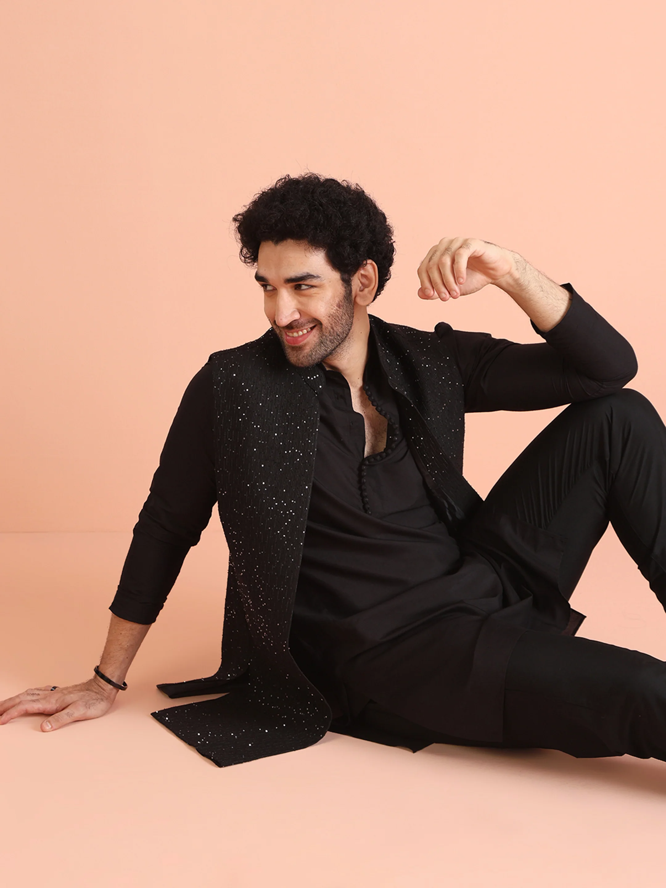 Black Silk Blend Sequined Nehru Jacket Set