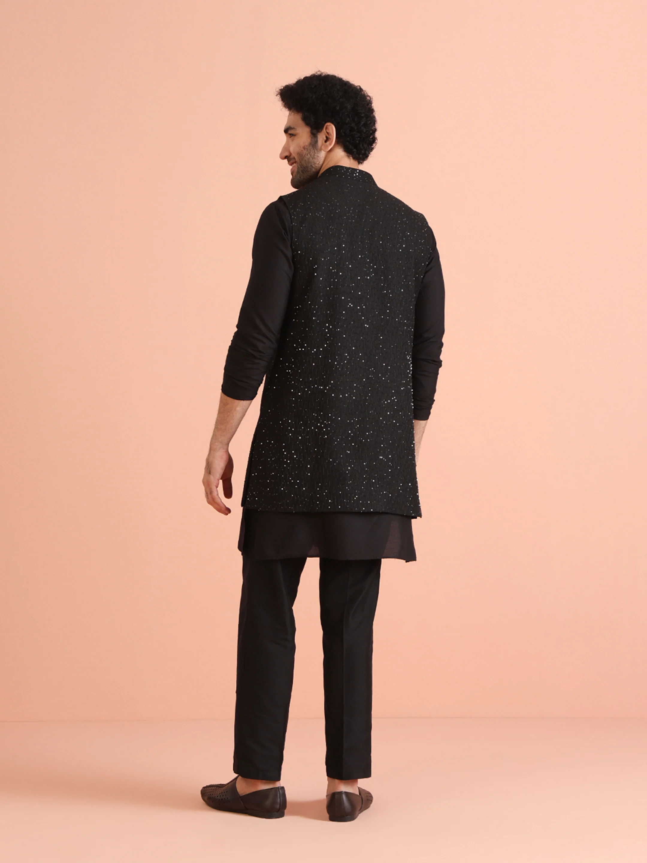 Black Silk Blend Sequined Nehru Jacket Set - Image 4
