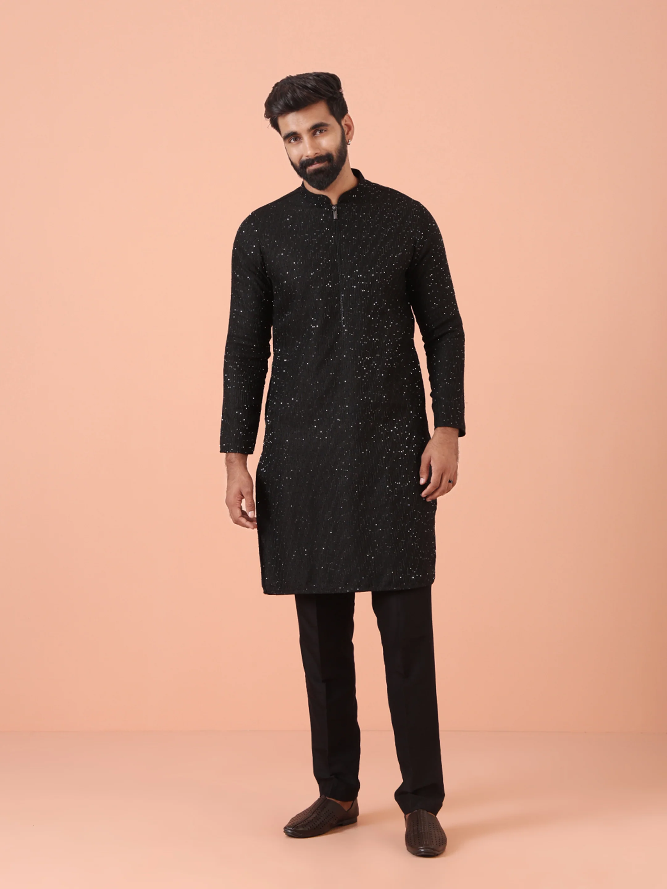 Men Black Embellished Kurta Trouser Set
