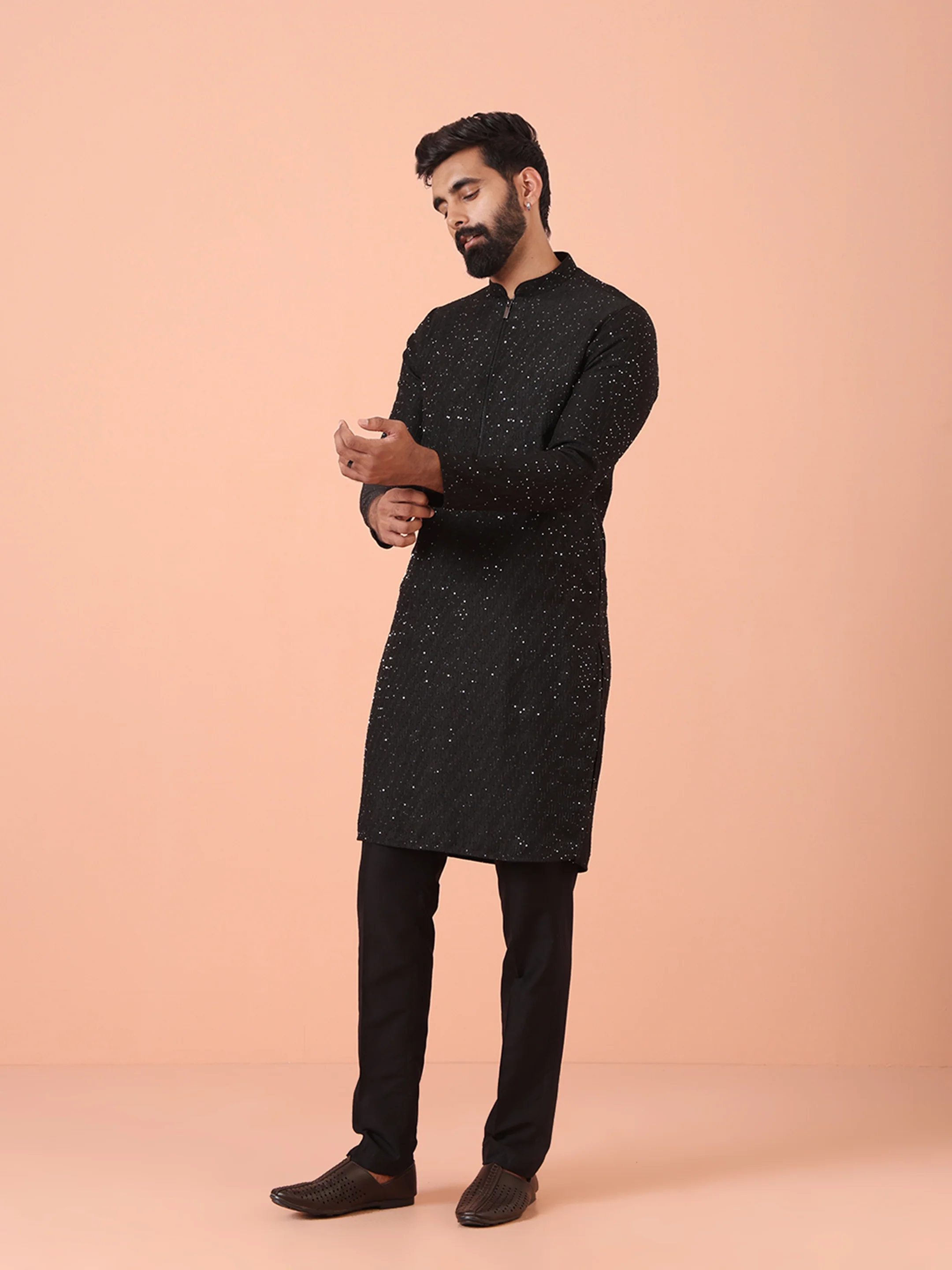 Men Black Embellished Kurta Trouser Set - Image 2