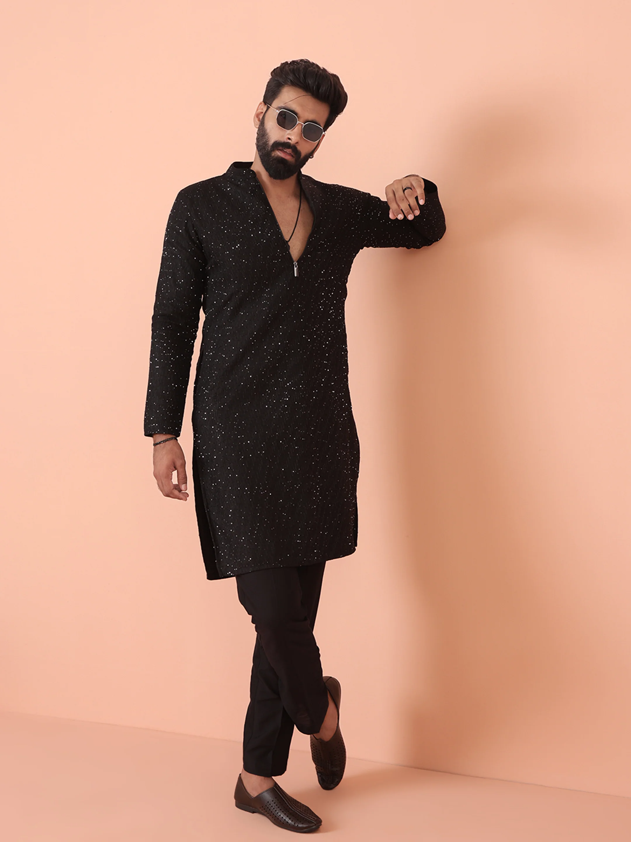 Men Black Embellished Kurta Trouser Set - Image 7