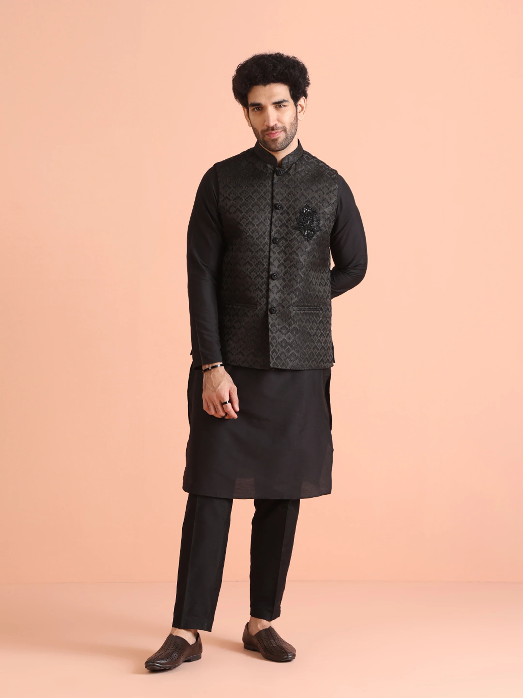 Black Cotton Silk Embossed Nehru Jacket Kurta Trouser