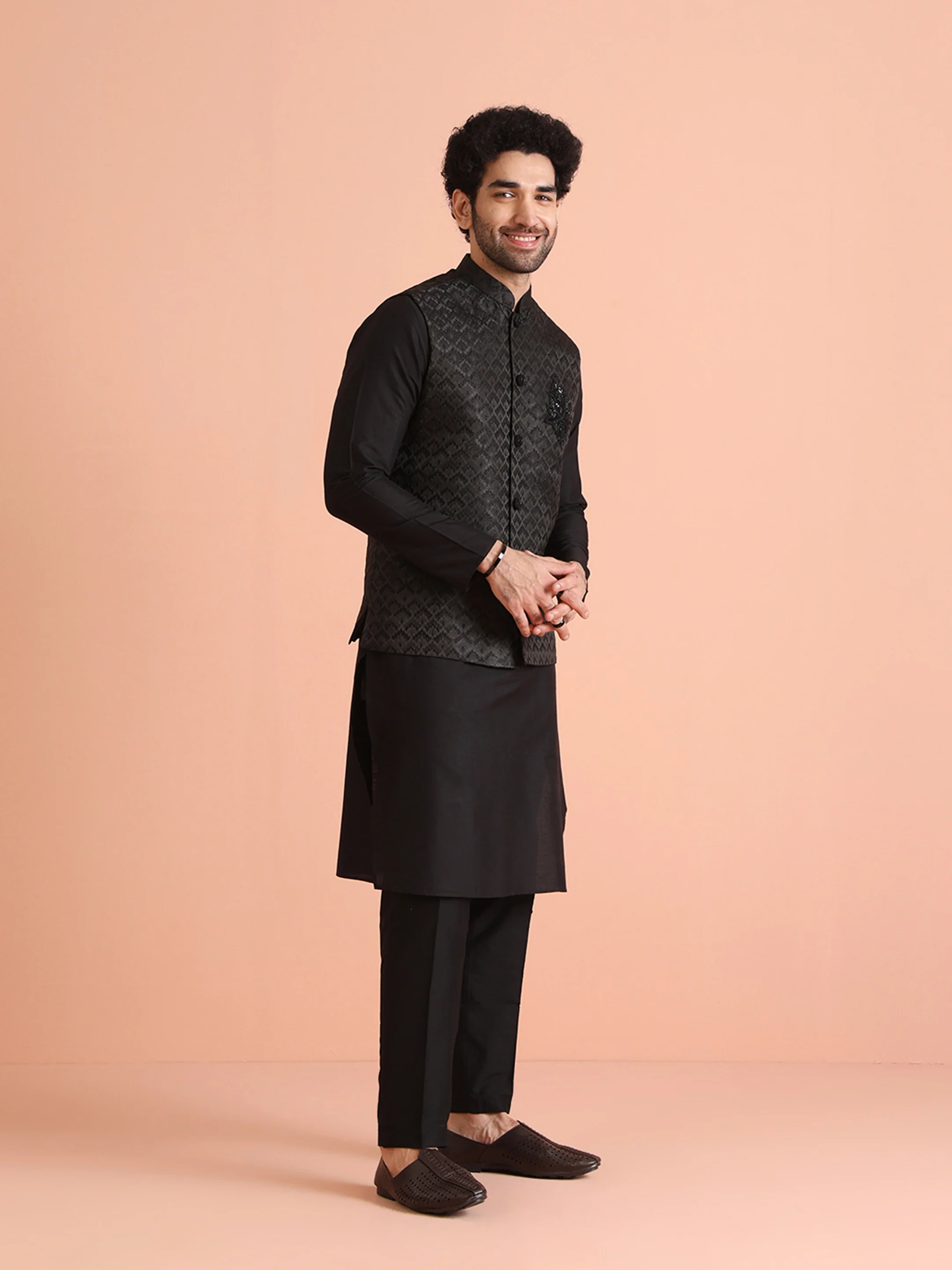 Black Cotton Silk Embossed Nehru Jacket Kurta Trouser - Image 3