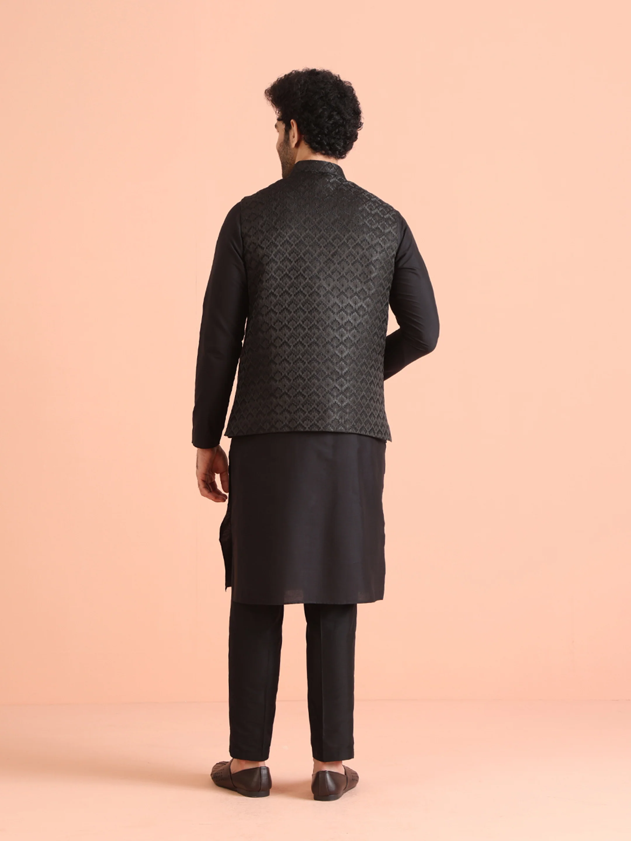 Black Cotton Silk Embossed Nehru Jacket Kurta Trouser - Image 4