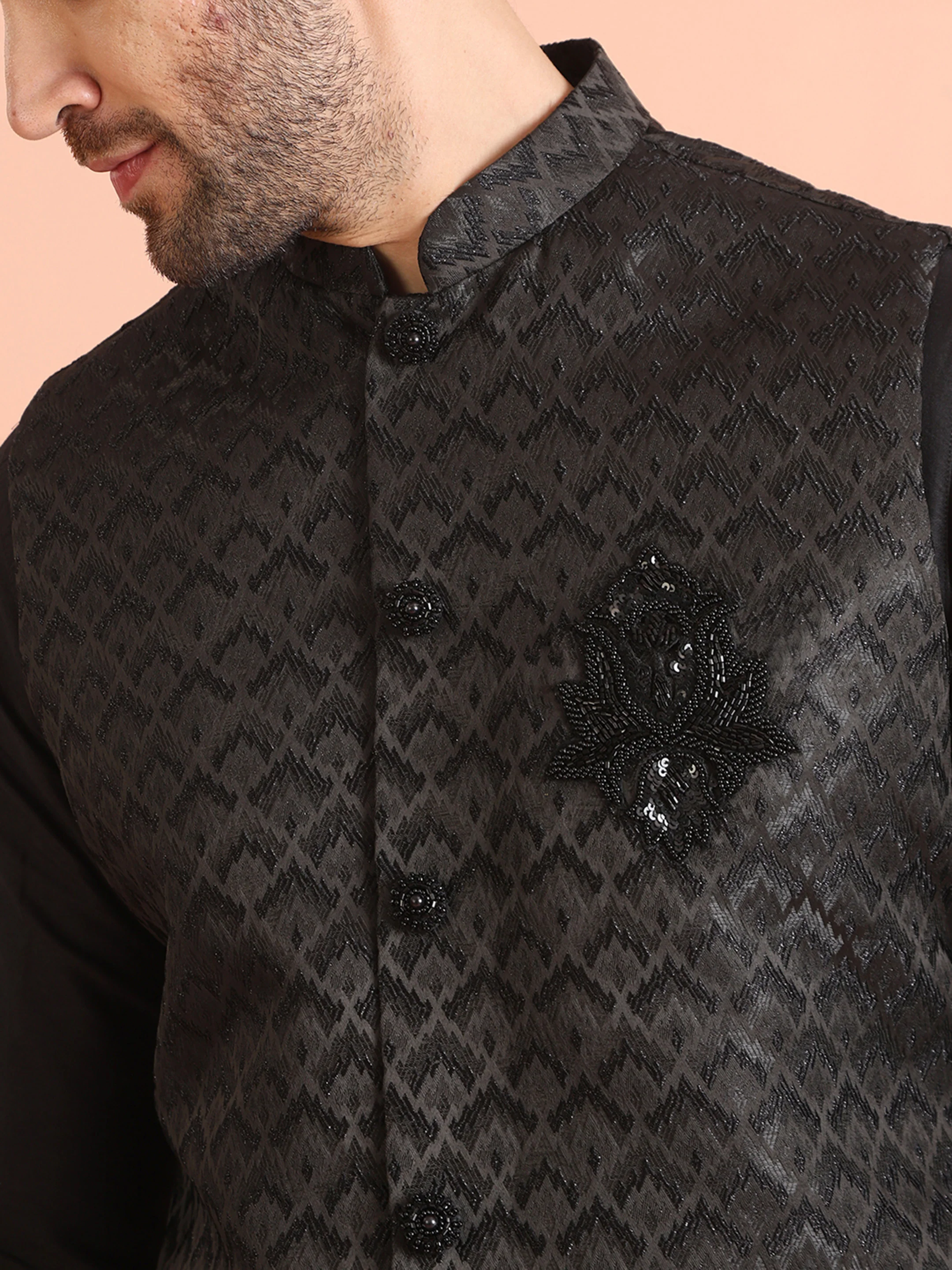 Black Cotton Silk Embossed Nehru Jacket Kurta Trouser - Image 5