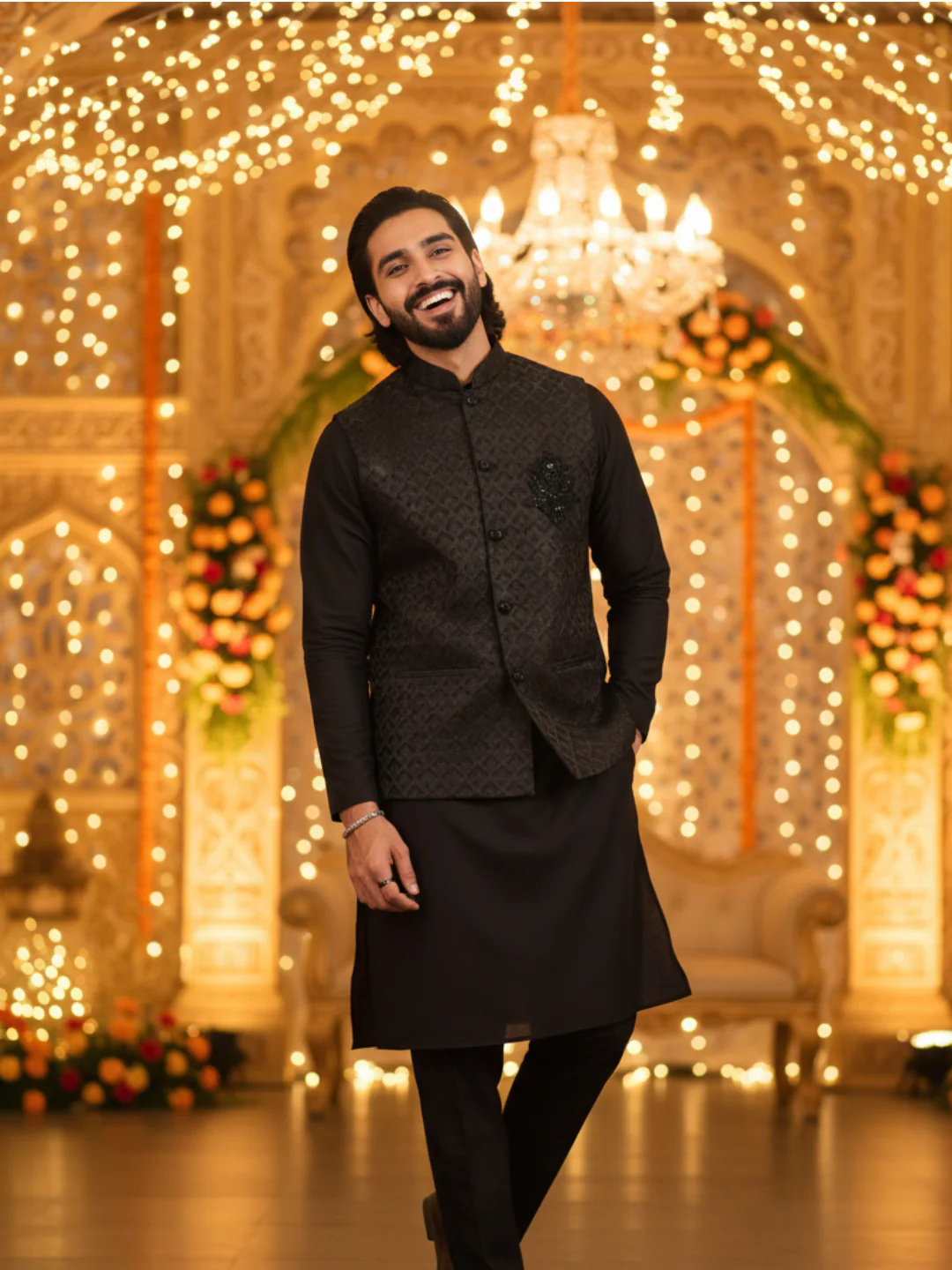 Black Cotton Silk Embossed Nehru Jacket Kurta Trouser - Image 8