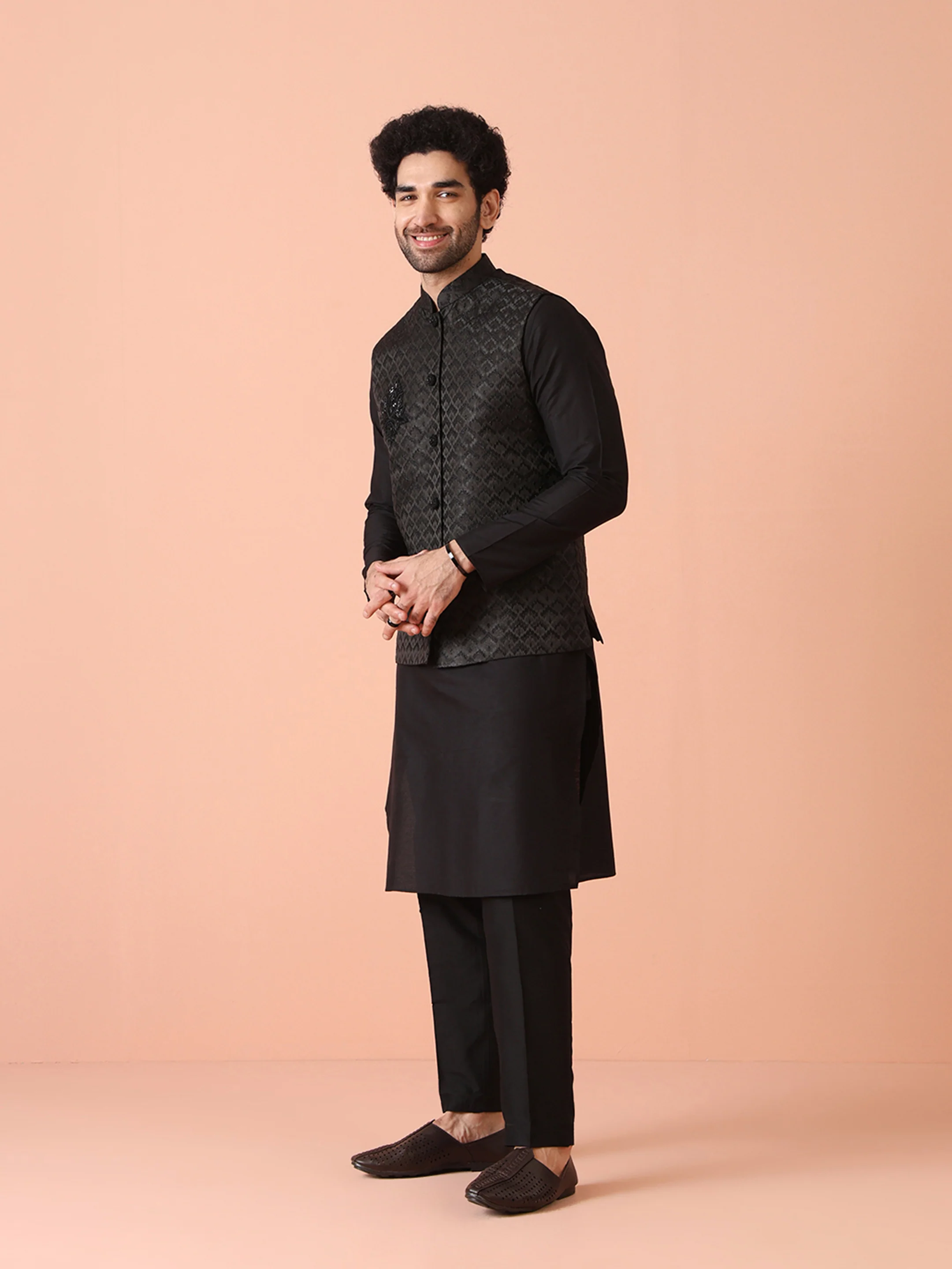 Black Jacquard Nehru Jacket with Brooch - Image 3