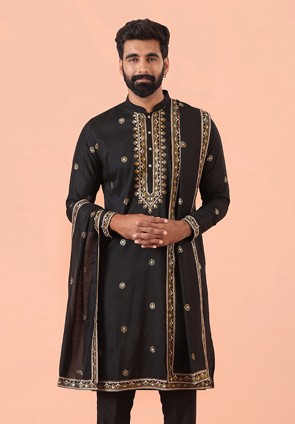 Men Black Embroidered Dupatta