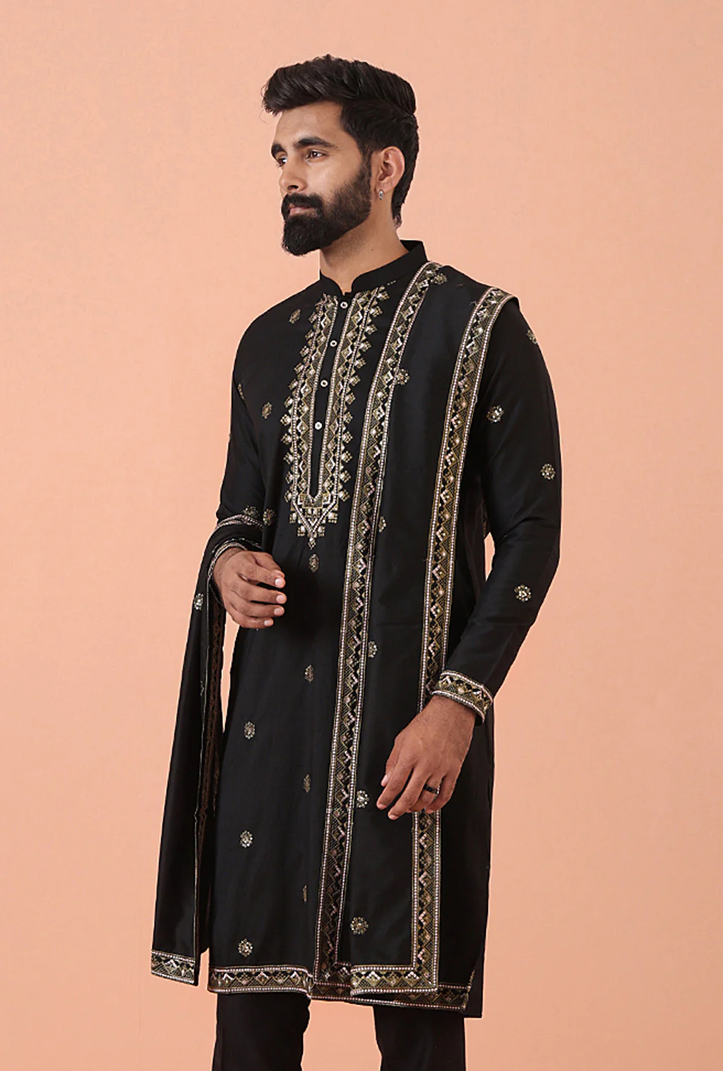Men Black Embroidered Dupatta - Image 2