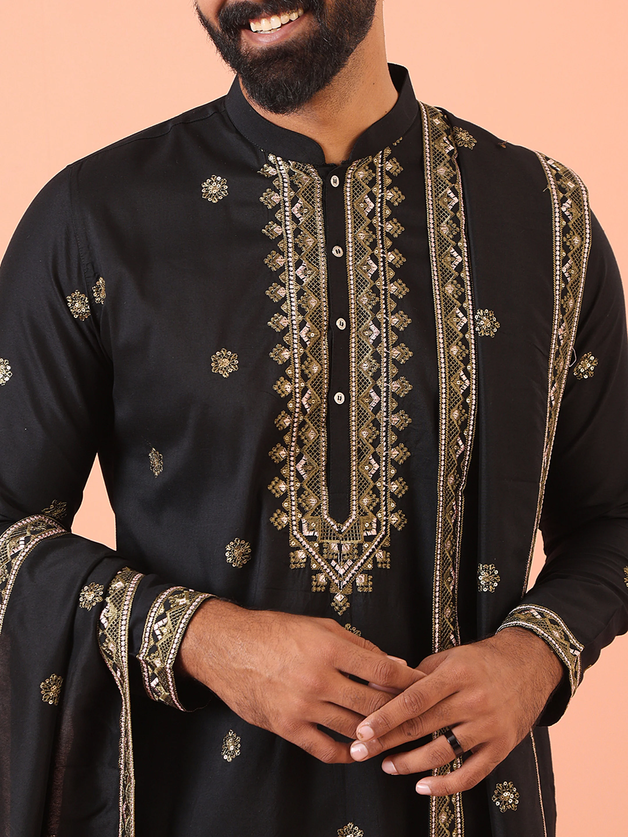 Men Black Embroidered Dupatta - Image 5