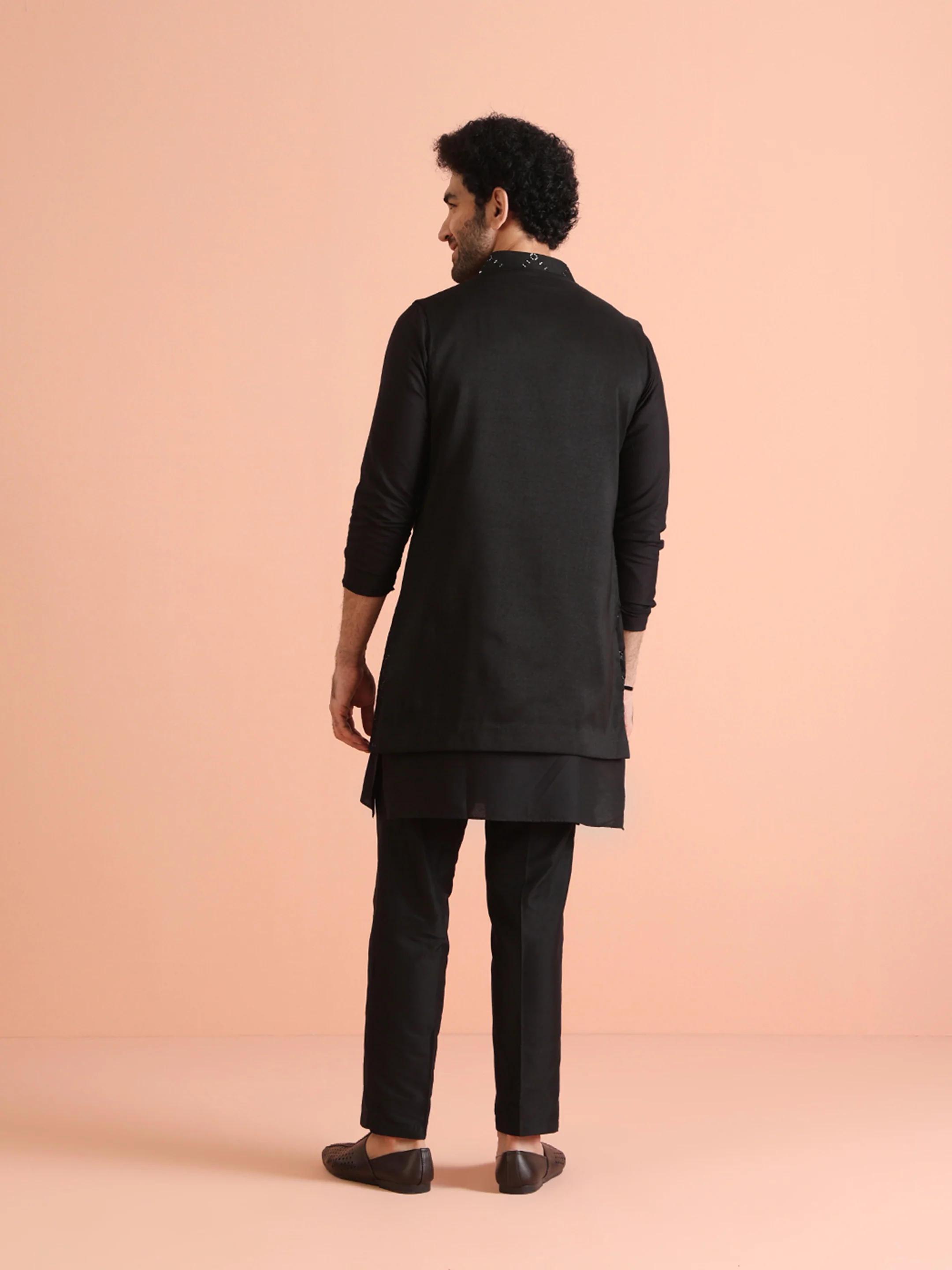 Black Cotton Embroidered Nehru Jacket Kurta Set - Image 4