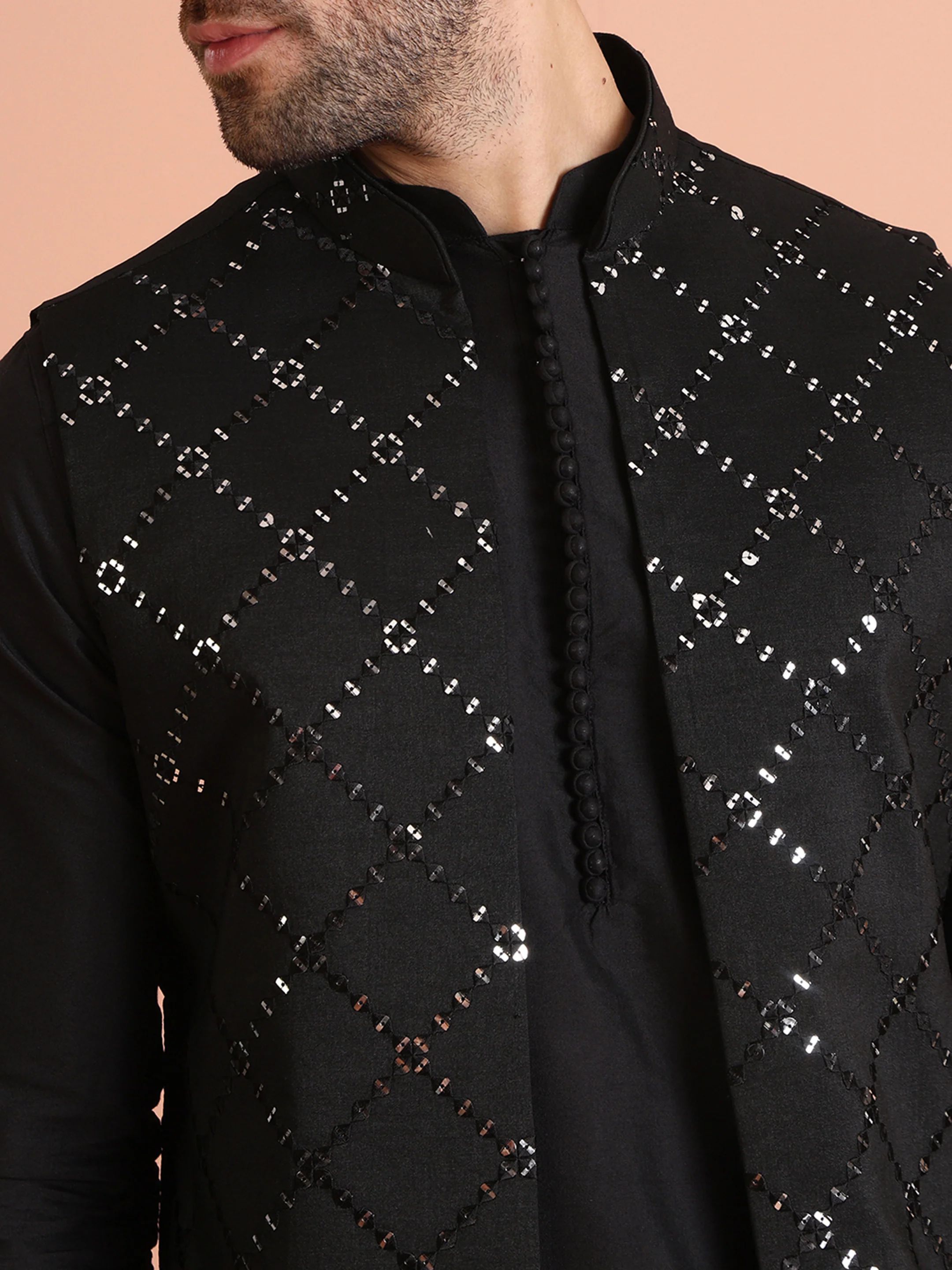 Black Cotton Embroidered Nehru Jacket Kurta Set - Image 5