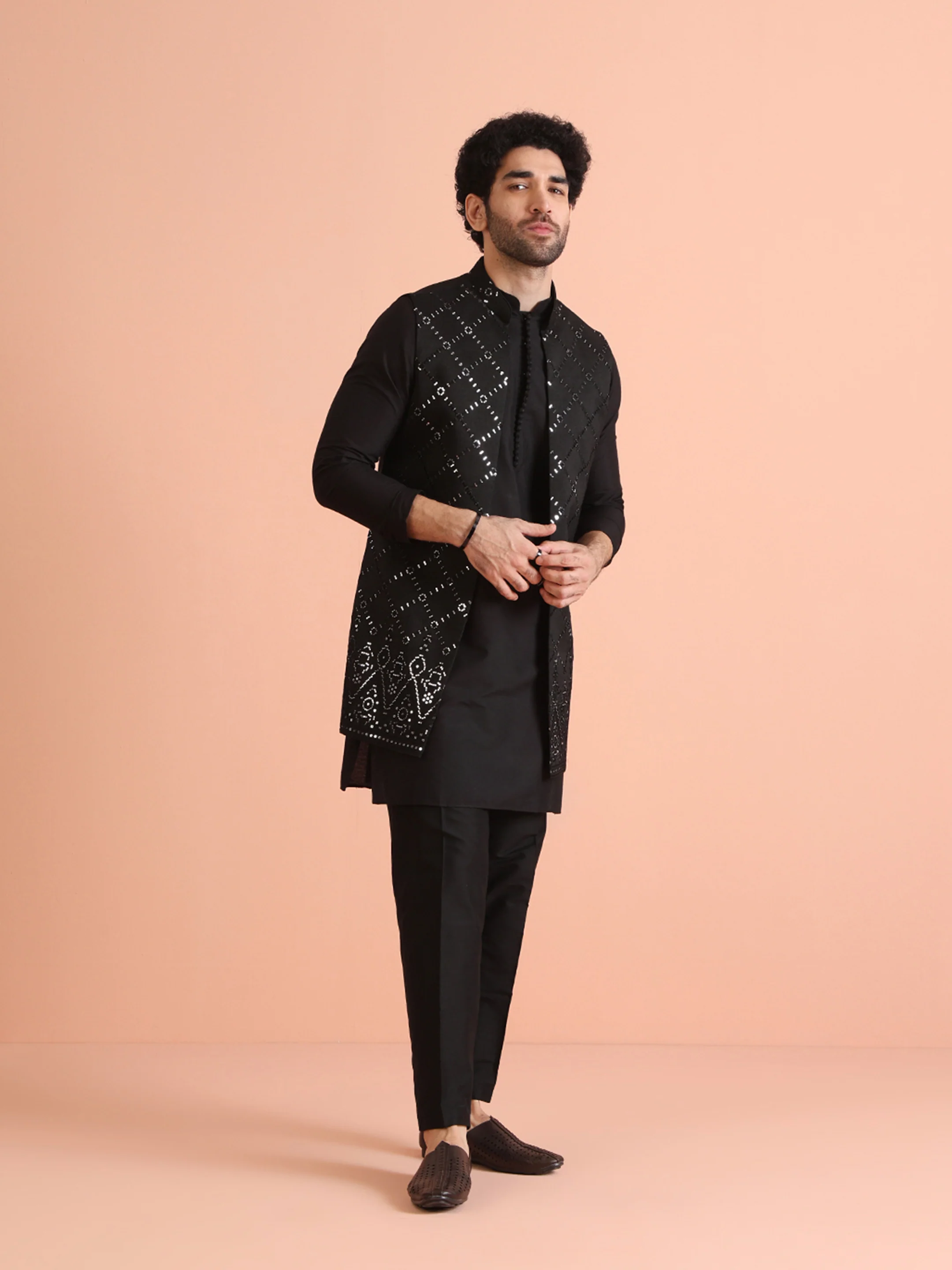 Black Cotton Embroidered Nehru Jacket Kurta Set - Image 7