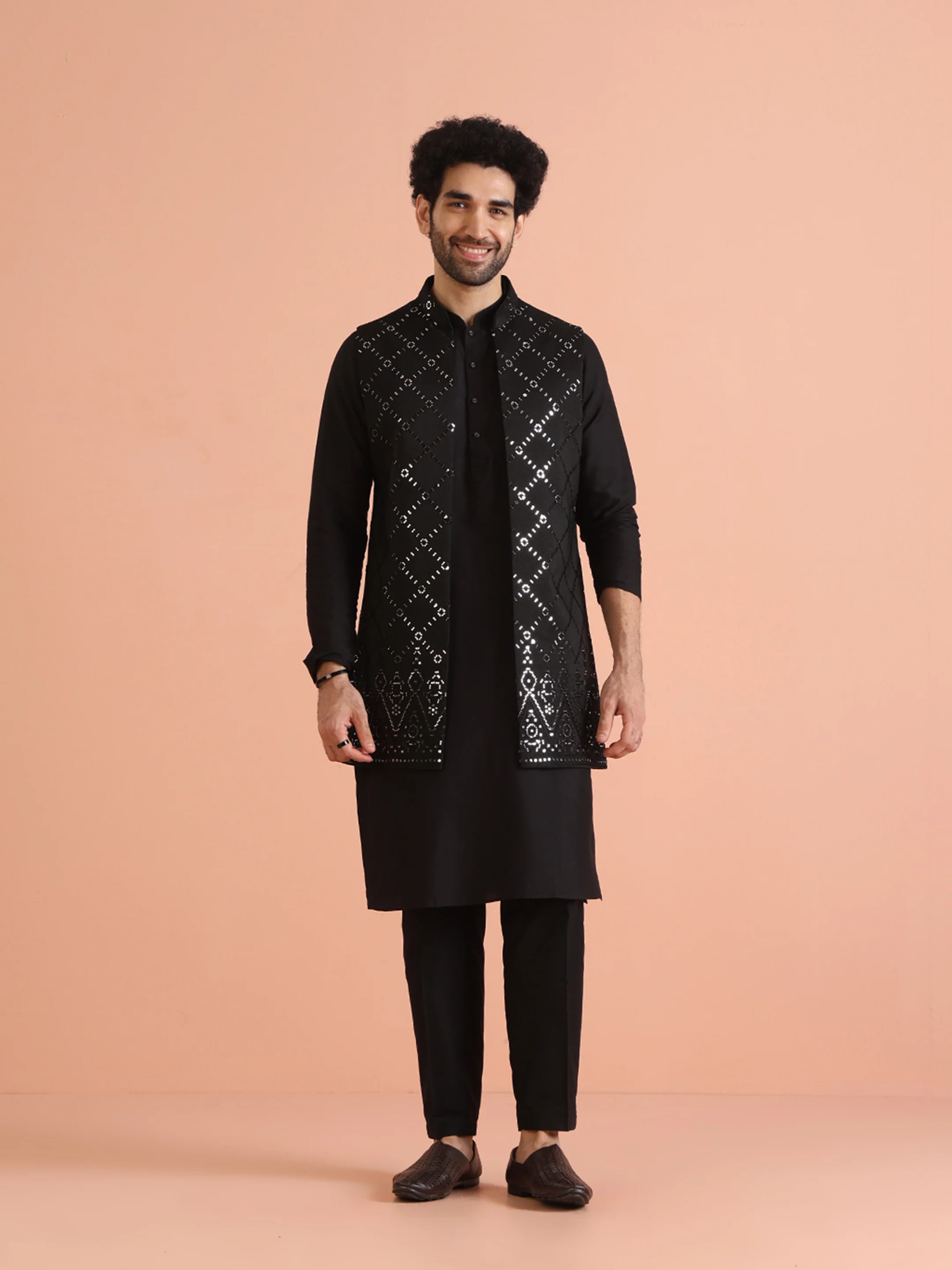 Black Cotton Embroidered Nehru Jacket Kurta Set
