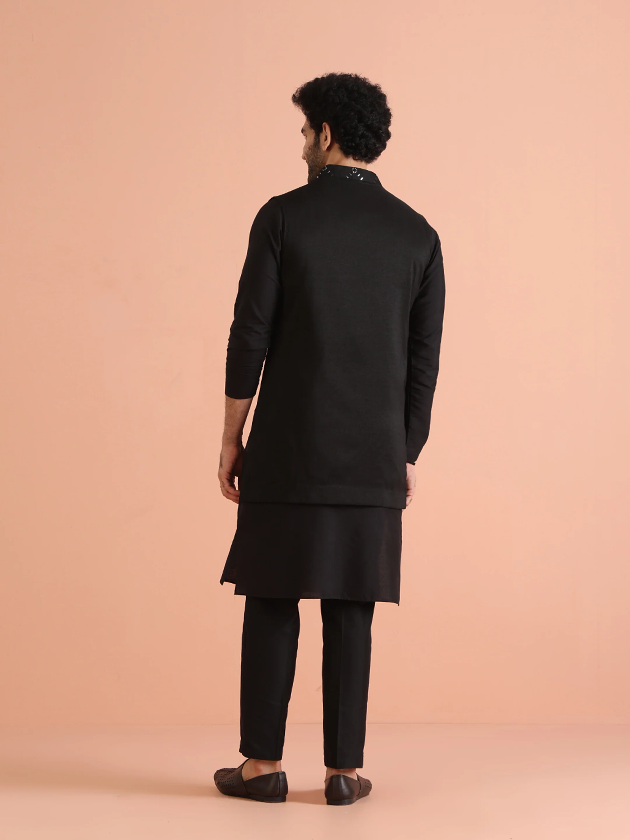 Black Cotton Embroidered Nehru Jacket Kurta Set - Image 4
