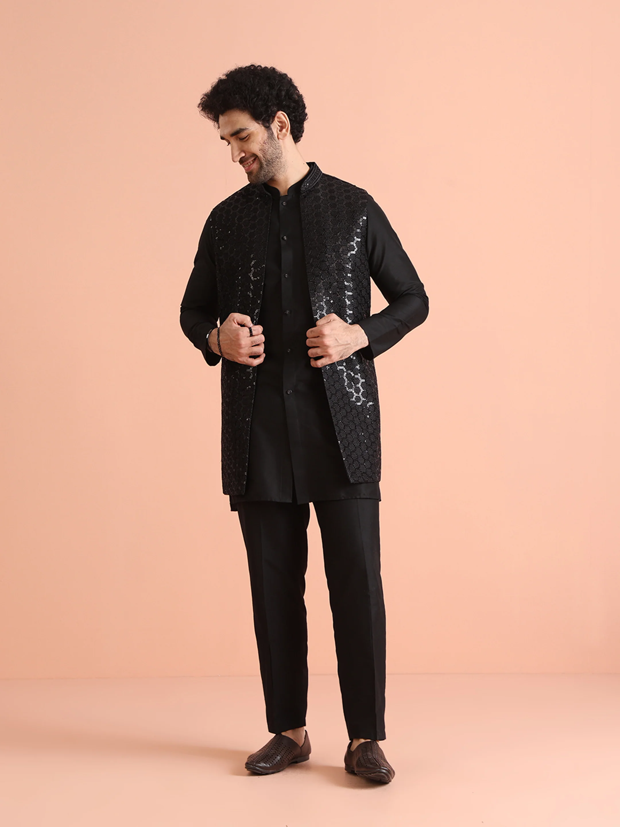 Black Embroidered Jacket Kurta Trouser Set