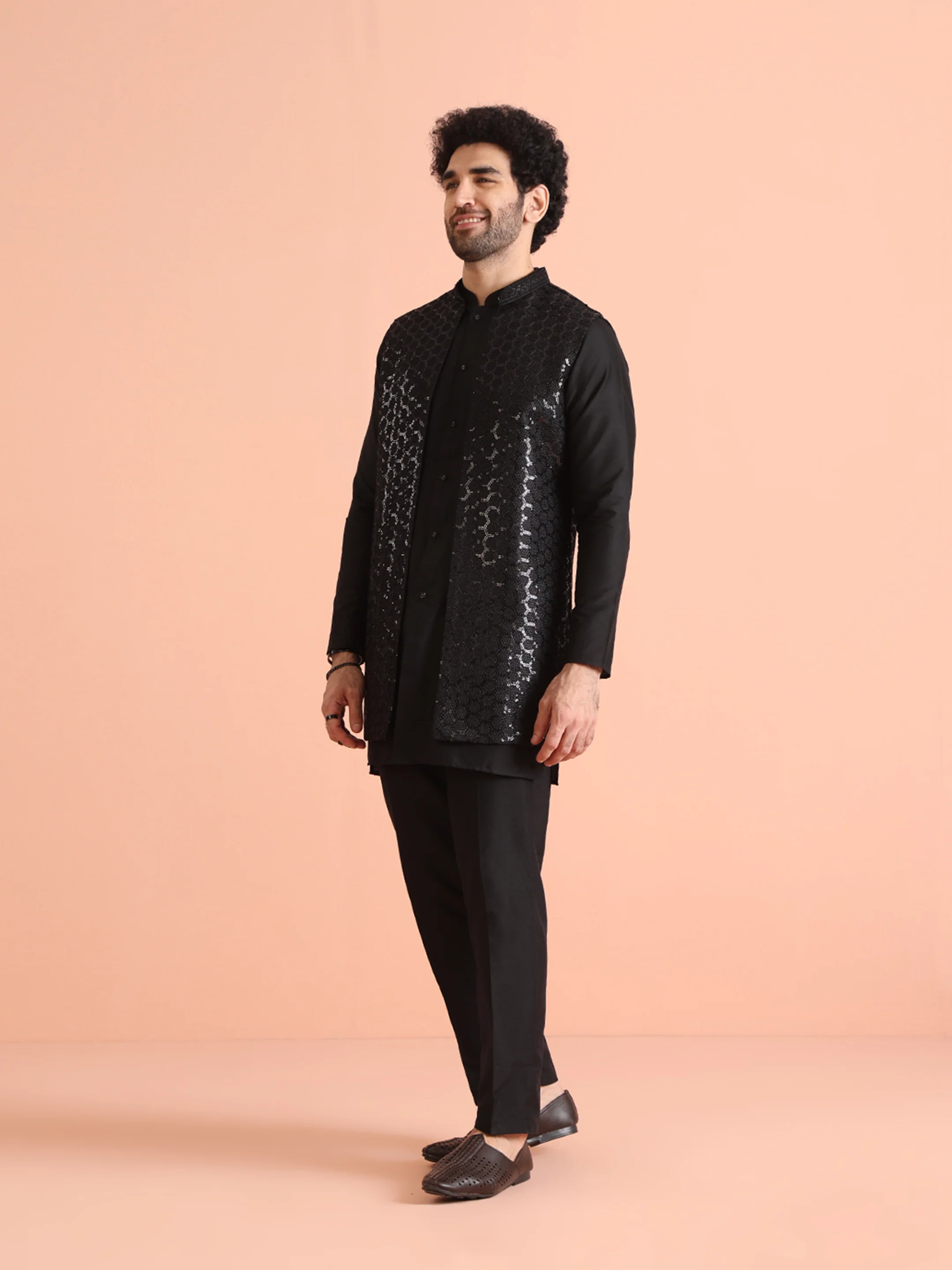 Black Embroidered Jacket Kurta Trouser Set - Image 2
