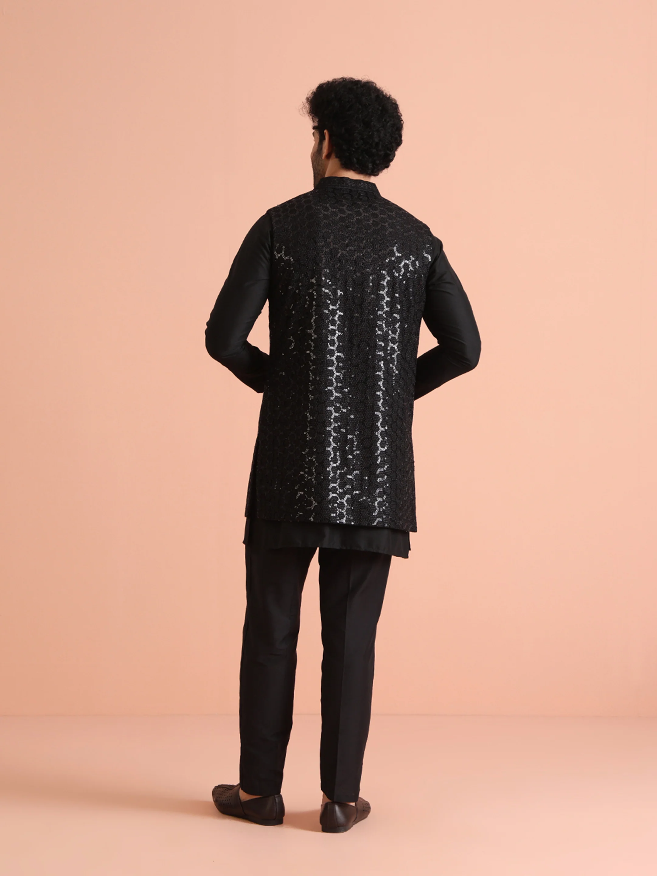 Black Embroidered Jacket Kurta Trouser Set - Image 4