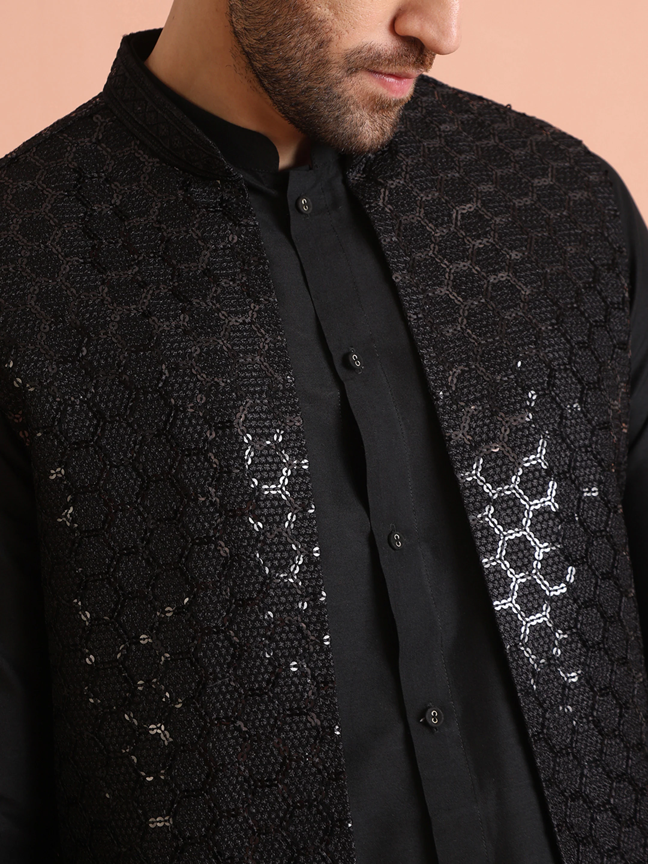 Black Embroidered Jacket Kurta Trouser Set - Image 5