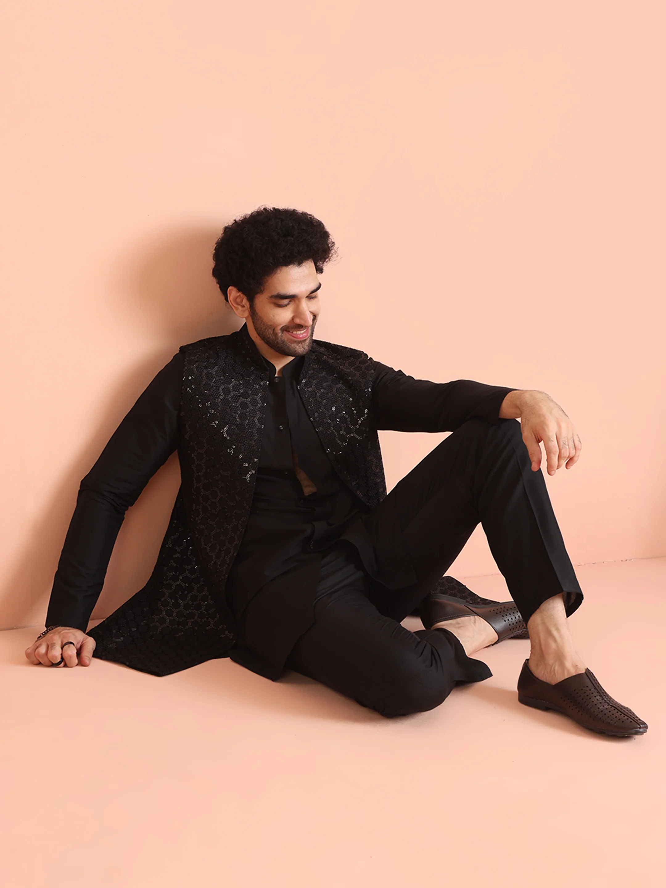 Black Embroidered Jacket Kurta Trouser Set - Image 7