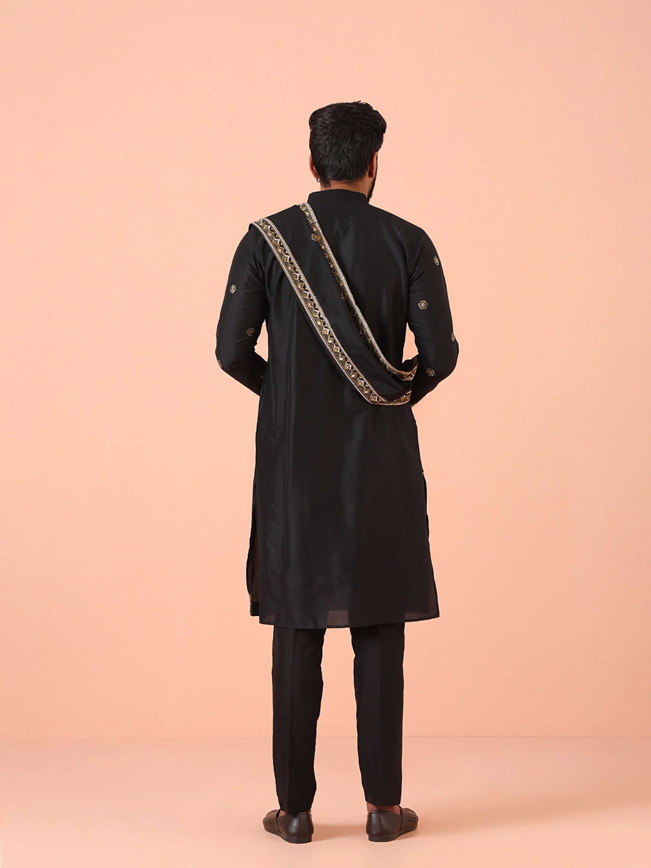 Men Black Embroidered Kurta Trousers Dupatta Set - Image 4